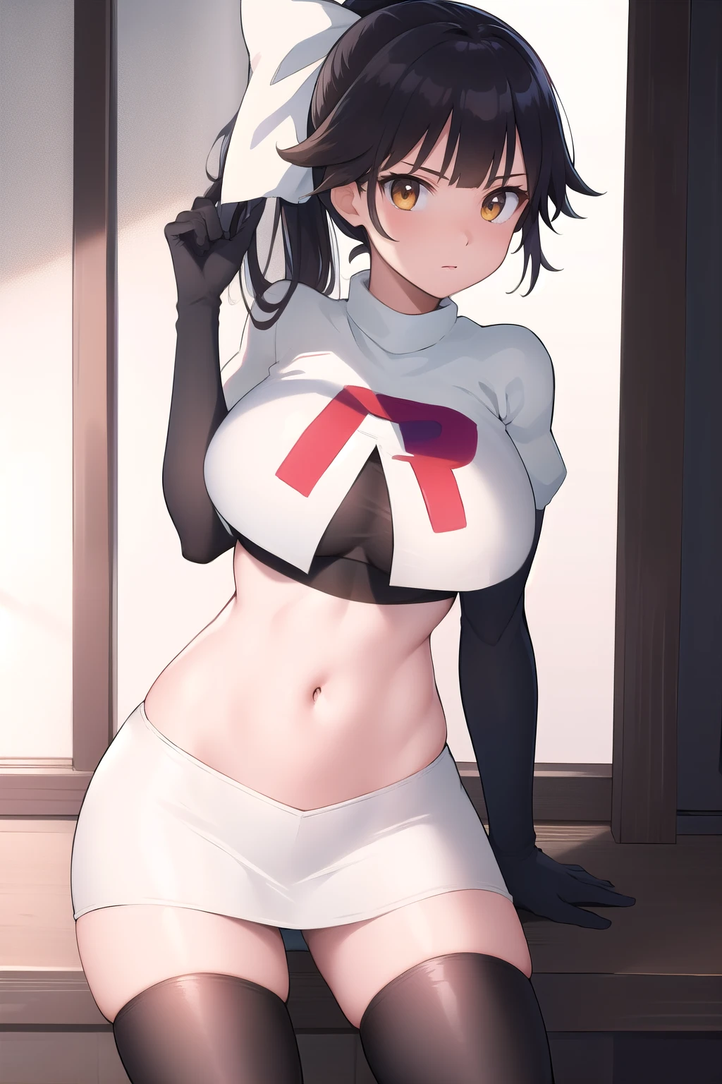 (masterpiece, best quality:1.2),illustration,8k,hd,1girl,solo,(portrait:1.2),black_hair,ponytail,bow,hair_bow,large_breasts,white_bow,very_long_hair,bangs,hair_flaps,brown_eyes,yellow_eyes,katana,team rocket,team rocket uniform,white skirt,red letter R,crop top,black thigh-highs,black elbow gloves