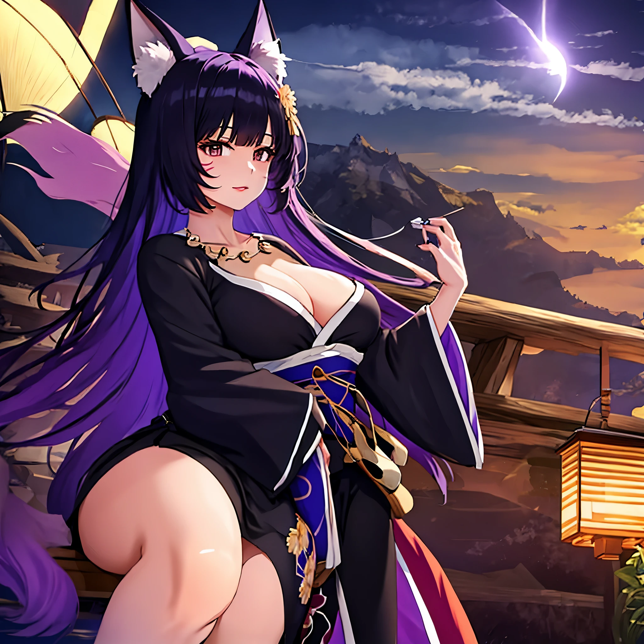 a woman wearing detailed dark purple kimono, on a mountain, with the sky thundering purple, kitsune ear