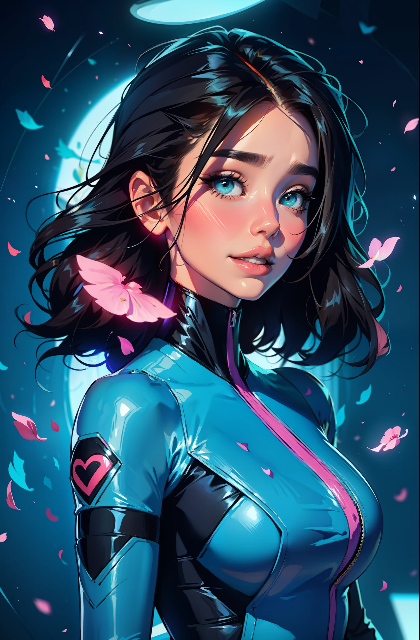 cyberpunk female woman wearing (chromatic accents:1.1), sleek transparent bodysuit, side view turning to face camera, (Petal Blush, Lagoon Blue color background:1.3), amazing smile, looking at camera, 1980’s style poster