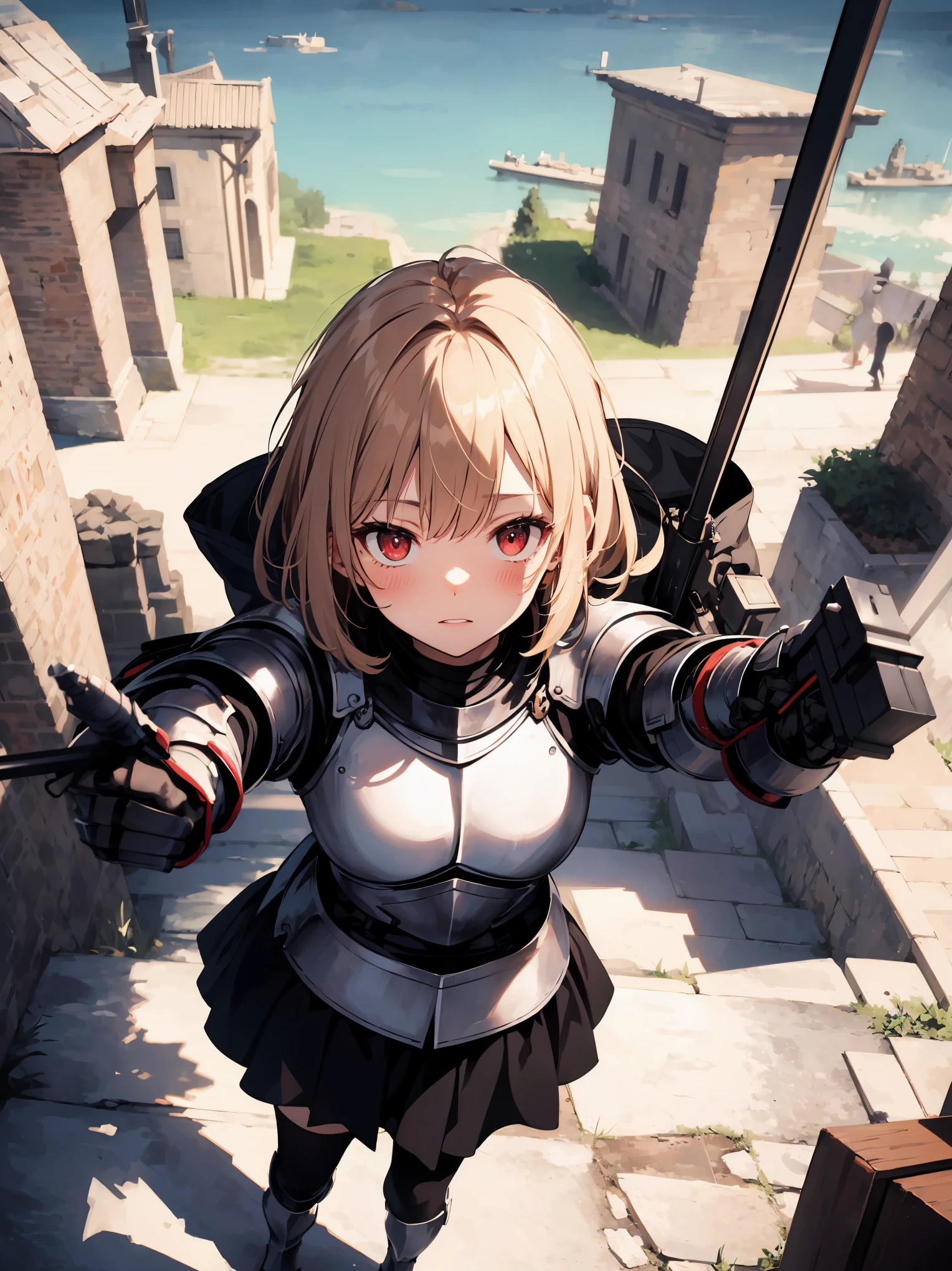 Masterpiece, high quality, high quality illustration, vast expanse of medieval cityscape, upper body girl (((( heavily armed knight, metal sheen )))) skirt, black knee-high, ((waving)) dark blonde, one-length bob cut braided style, red eyes, gazing at us, ((blushing)), adventurer ((from above)), bold posse,