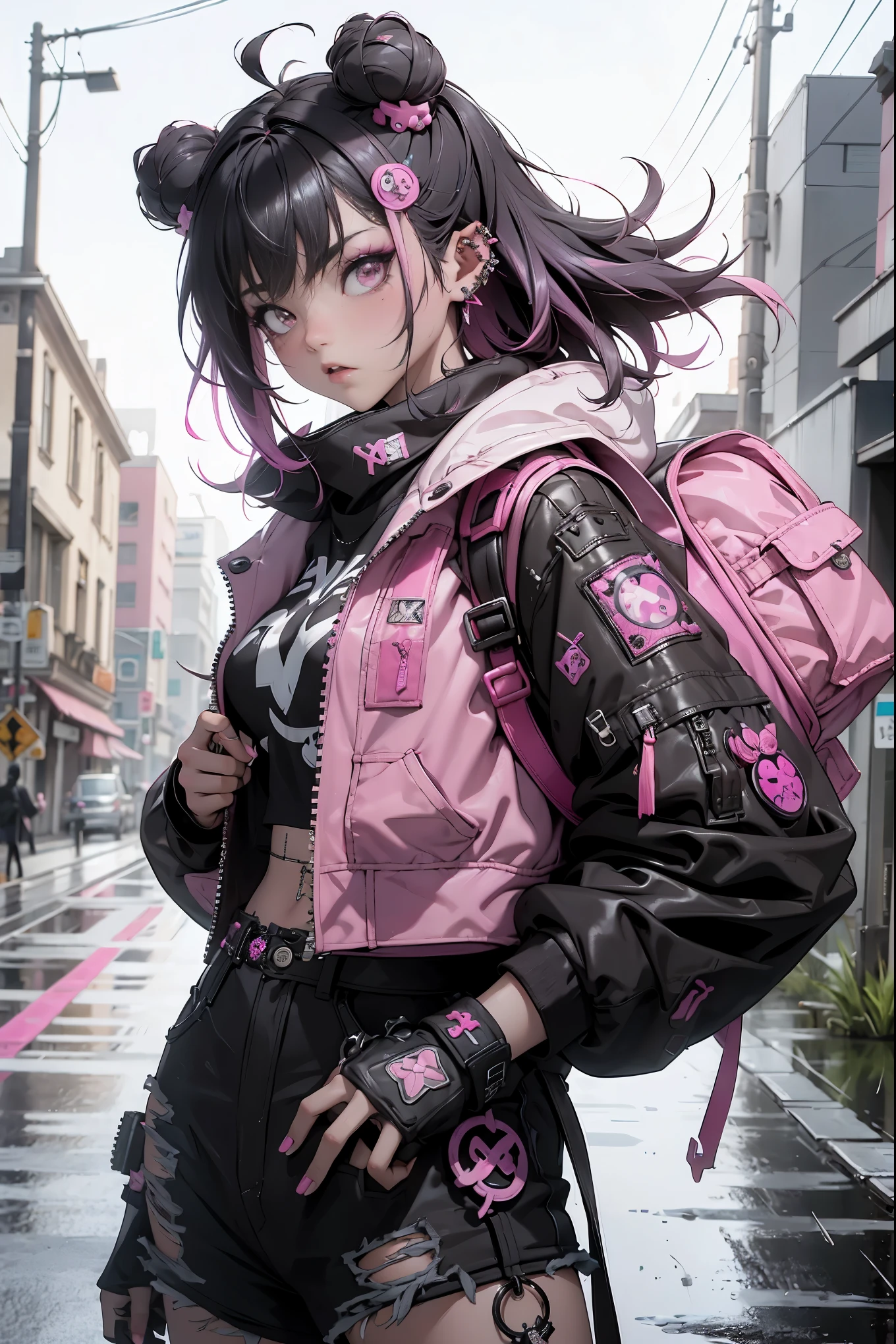 (highest quality、8k、32K、masterpiece、nffsw:1.3)、(Photoreal:1.4),(shoot from front,looking at viewer:1.5)、18-year-old punk girl,eccentric punk hair,((pink and black punk fashion:1.5)),clothes with studs、(1 holding a stuffed crazy bunny in his left hand.5)、black backpack on the back、(bright black and pink hair:1.5),Wacky makeup、、dark background、Desolate city in the rain、puddle on the road、(cinematic lighting)、Depth of the bounds written,blurred background、