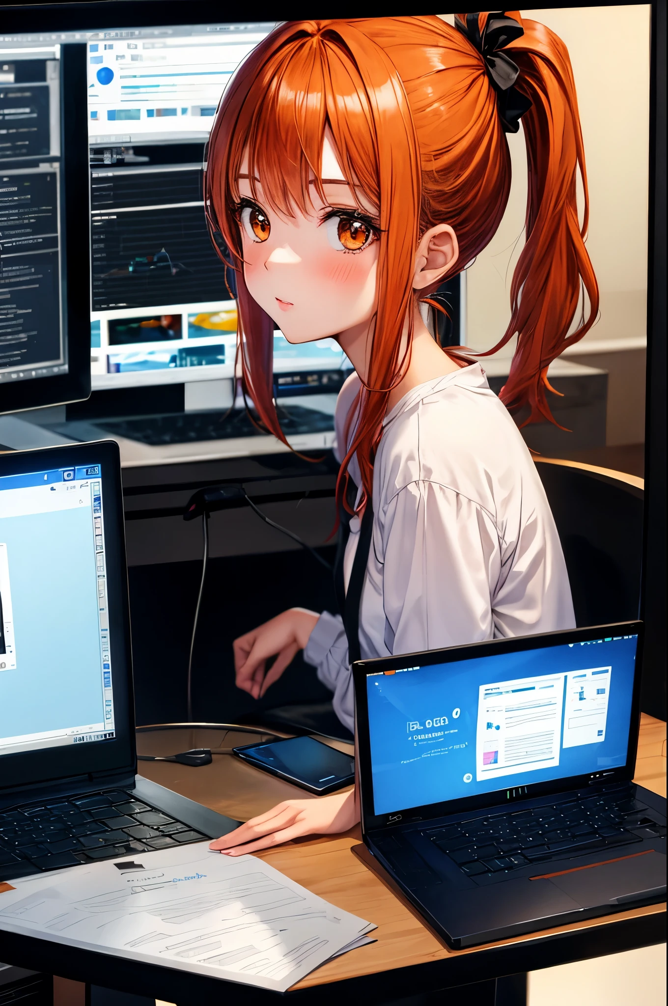 A girl with orange and black hairwhit two ponytails, looking at the computer monitor.