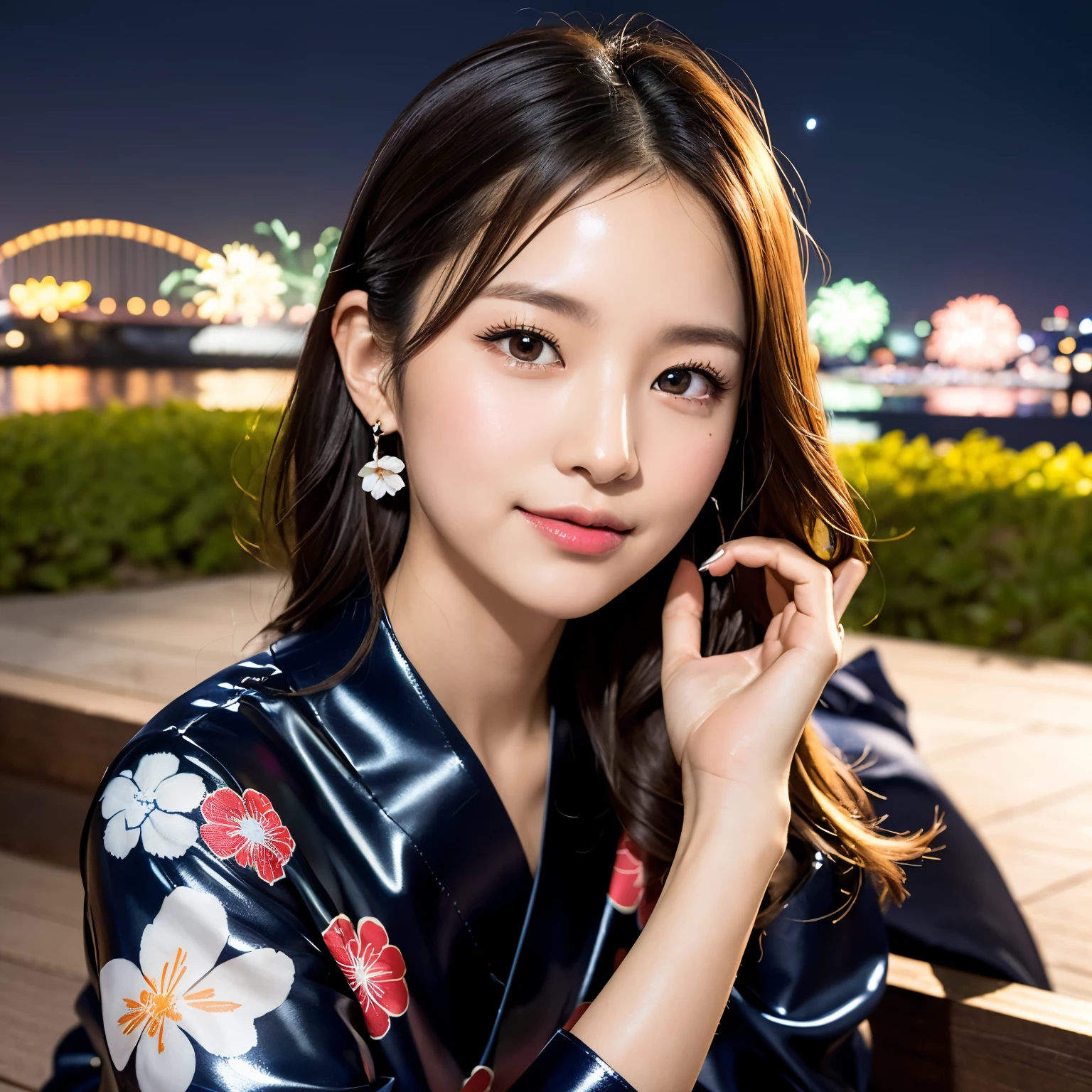 original, (masterpiece), (figure), (Beautiful and vivid background:1.25), (Depth of written boundary:0.7), Highest quality, shape, Very detailed, High resolution, 8k wallpaper, Perfect dynamic composition, Ultra detailed face,  Natural Lip , Cleavage, (The eyelashes on both eyes are equal and beautiful.), (looking at the camera), (smile), (night, Fireworks venue), (Cute Yukata, yukata), Japanese style, whole body