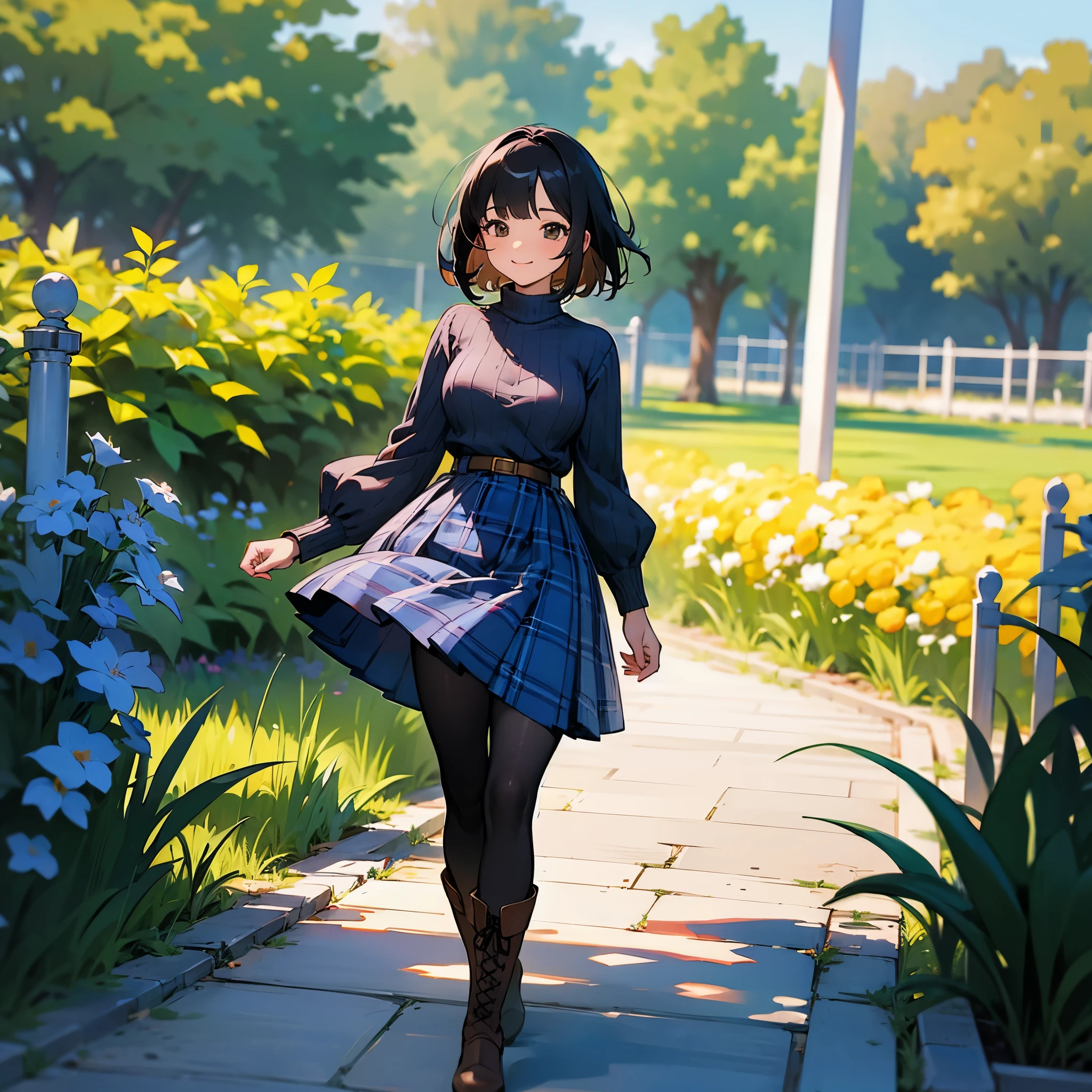 (high quality, High resolution, Super detailed, reality:1.37), peaceful atmosphere, (outdoors, garden), age girl standing alone, (my breasts are big.), Beautiful detail features, cute smile, (black bob hair), ribbed sweater, blue plaid skirt, black tights, brown boots.