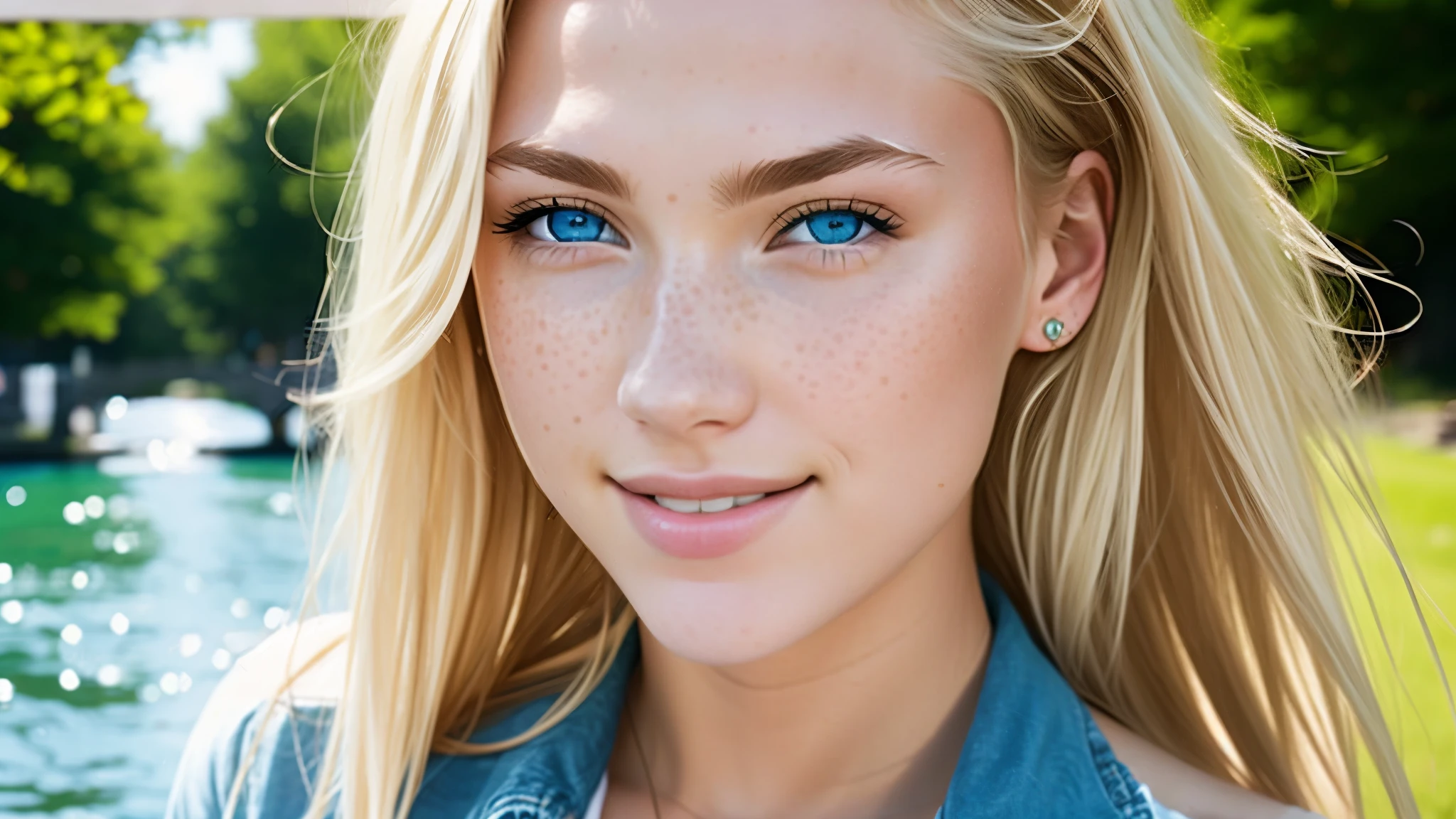 full body shot, full body shot, full body shot, full body shot, ((best quality)), ((masterpiece)), (detailed), perfect face blond woman with freckled hair and blue eyes smiling, light freckles, more freckles