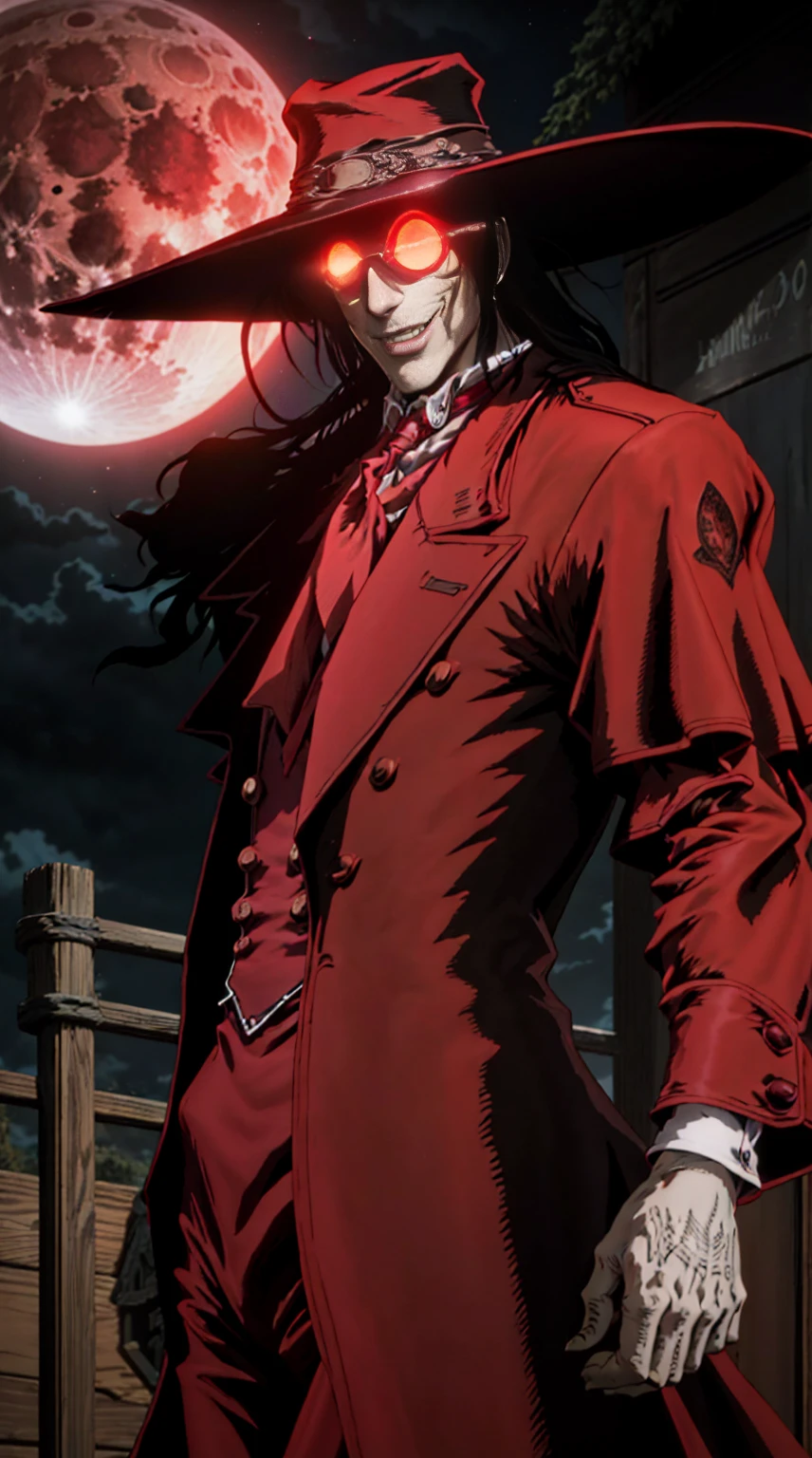 Hellsing, personagem Alucard, (man) Standing character,  sobretudo vermelho, red glass, paisagem de noite, red moon on the background, black hair