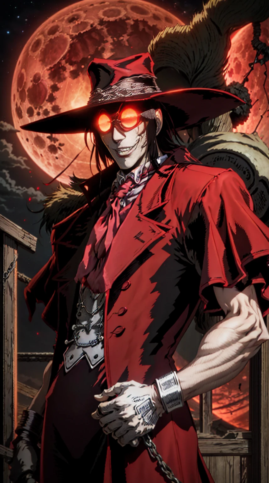 Hellsing, personagem Alucard, (man) Standing character,  sobretudo vermelho, red glass, paisagem de noite, red moon on the background, black hair
