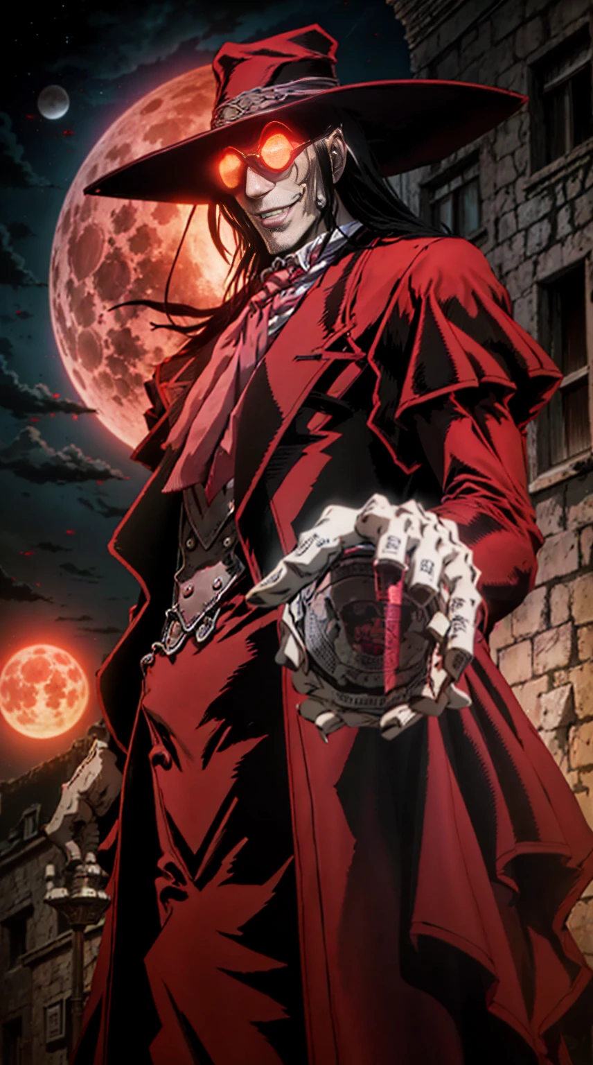 Hellsing, personagem Alucard, (man) Standing character,  sobretudo vermelho, red glass, paisagem de noite, red moon on the background, black hair
