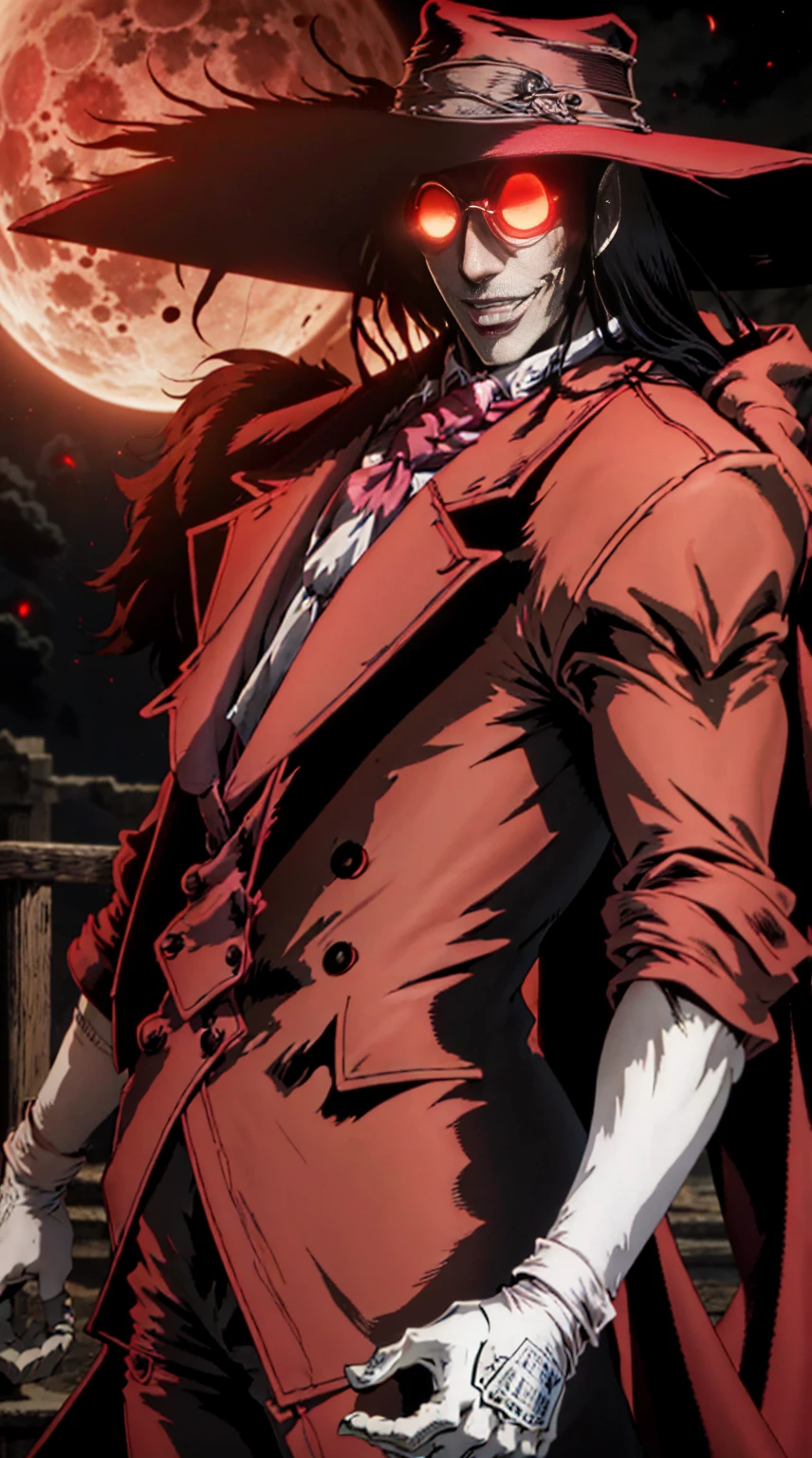 Hellsing, personagem Alucard, (man) Standing character,  sobretudo vermelho, red glass, paisagem de noite, red moon on the background, black hair