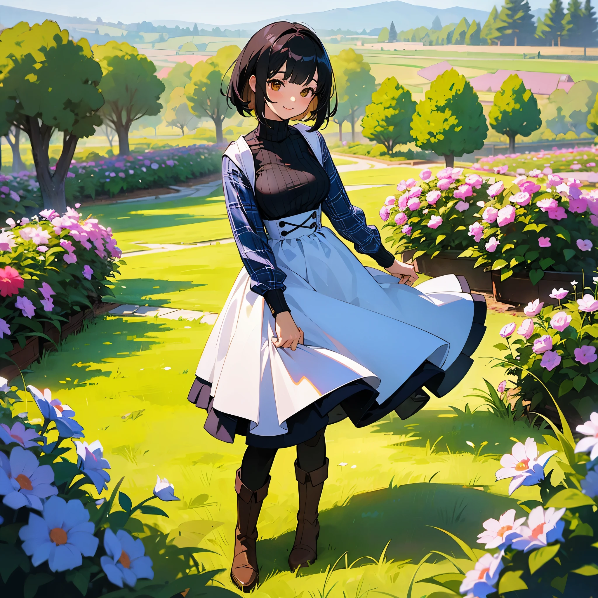 (high quality, High resolution, Super detailed, reality:1.37), peaceful atmosphere, (outdoors, garden), teenage girl standing alone, (my breasts are big.), Beautiful detail features, cute smile, (black bob hair), ribbed sweater, blue plaid skirt, black tights, brown boots.