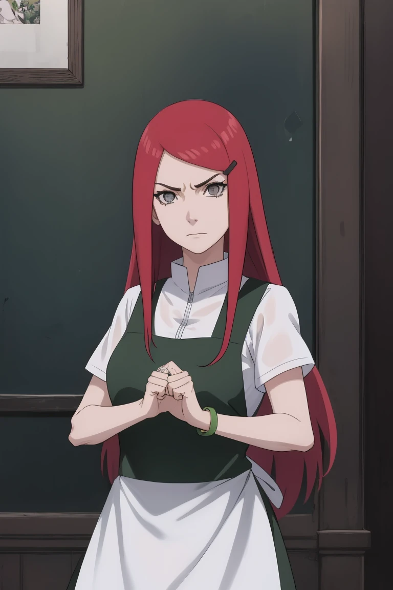 {-erro_de_anatomia:1.0} kushina, kushina, long hair, hair ornament, red hair, red head, hairclip, (grey eyes:1.5), BREAK shirt, dress, jewelry, white shirt, short sleeves, apron, bracelet, green apron, collar, BREAK looking at viewer, upper body, full body, cowboy shot, BREAK indoors, BREAK (masterpiece:1.2), best quality, high resolution, unity 8k wallpaper, (illustration:0.8), (beautiful detailed eyes:1.6), extremely detailed face, perfect lighting, extremely detailed CG, (perfect hands, perfect anatomy), angry face, fighting pose, clenched hands, closed hands, contracted fingers, arm stretched out, raised fist, about to punch, detailed fist, focus fist,
