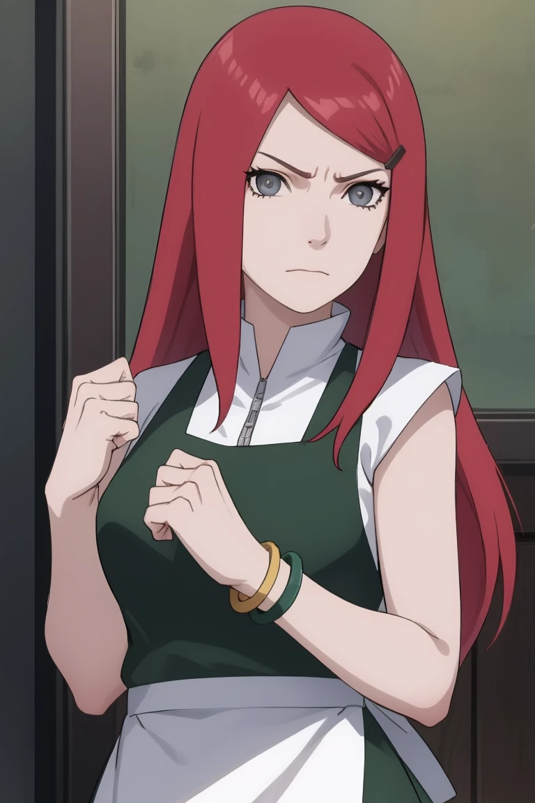 {-erro_de_anatomia:1.0} kushina, kushina, long hair, hair ornament, red hair, red head, hairclip, (grey eyes:1.5), BREAK shirt, dress, jewelry, white shirt, short sleeves, apron, bracelet, green apron, collar, BREAK looking at viewer, upper body, full body, cowboy shot, BREAK indoors, BREAK (masterpiece:1.2), best quality, high resolution, unity 8k wallpaper, (illustration:0.8), (beautiful detailed eyes:1.6), extremely detailed face, perfect lighting, extremely detailed CG, (perfect hands, perfect anatomy), angry face, fighting pose, clenched hands, closed hands, contracted fingers, arm stretched out, raised fist, about to punch, detailed fist,  focus fist,
