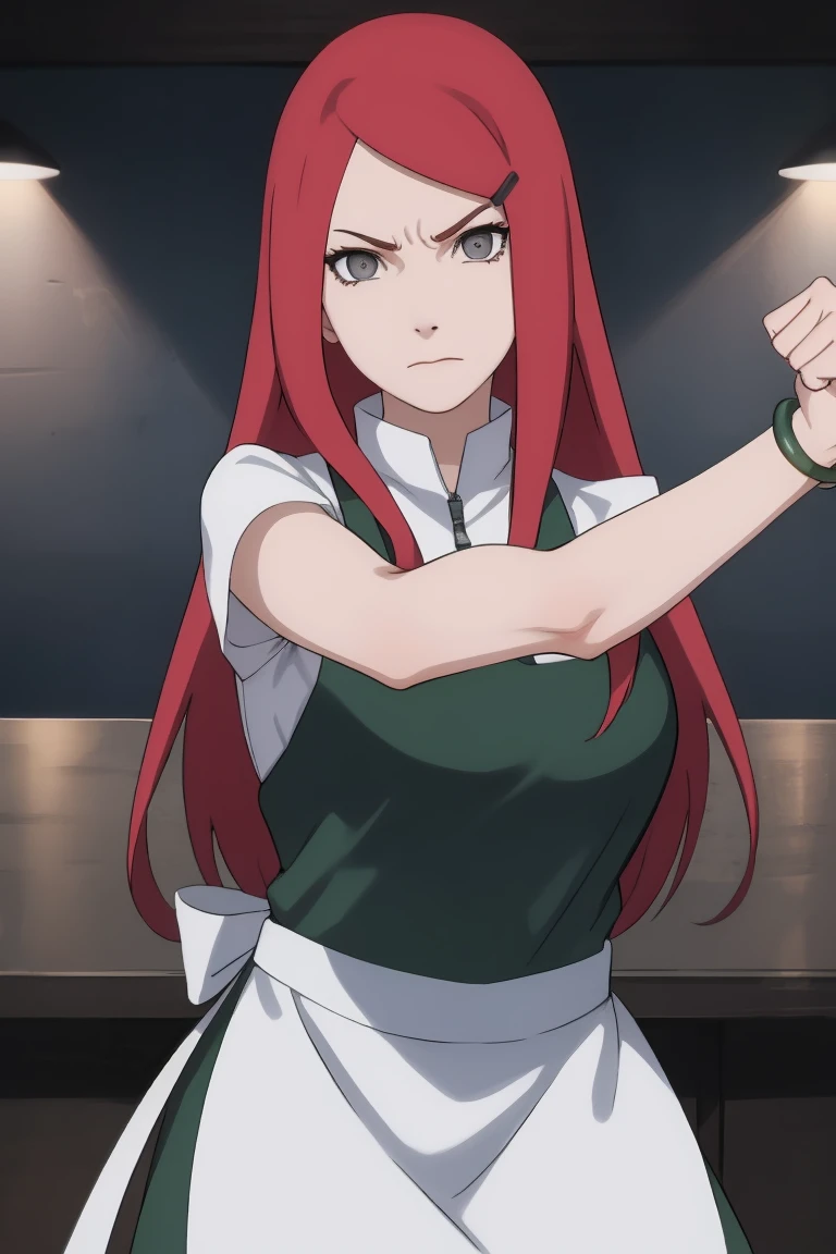 {-erro_de_anatomia:1.0} kushina, kushina, long hair, hair ornament, red hair, red head, hairclip, (grey eyes:1.5), BREAK shirt, dress, jewelry, white shirt, short sleeves, apron, bracelet, green apron, collar, BREAK looking at viewer, upper body, full body, cowboy shot, BREAK indoors, BREAK (masterpiece:1.2), best quality, high resolution, unity 8k wallpaper, (illustration:0.8), (beautiful detailed eyes:1.6), extremely detailed face, perfect lighting, extremely detailed CG, (perfect hands, perfect anatomy), angry face, fighting pose, clenched hands, closed hands, contracted fingers, arm stretched out, raised fist, about to punch, detailed fist, focus fist,