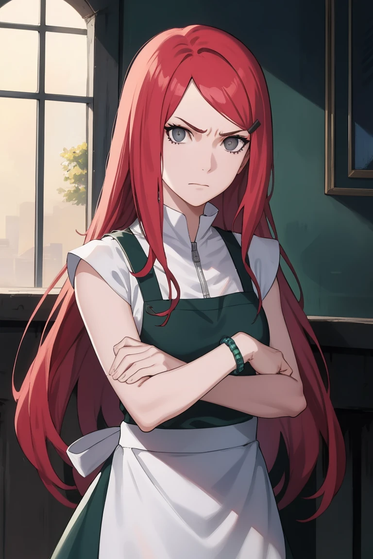 {-erro_de_anatomia:1.0} kushina, kushina, long hair, hair ornament, red hair, red head, hairclip, (grey eyes:1.5), BREAK shirt, dress, jewelry, white shirt, short sleeves, apron, bracelet, green apron, collar, BREAK looking at viewer, upper body, full body, cowboy shot, BREAK indoors, BREAK (masterpiece:1.2), best quality, high resolution, unity 8k wallpaper, (illustration:0.8), (beautiful detailed eyes:1.6), extremely detailed face, perfect lighting, extremely detailed CG, (perfect hands, perfect anatomy), angry face, fighting pose, clenched hands, closed hands, contracted fingers, arm stretched out, raised fist, about to punch, detailed fist, focus fist,