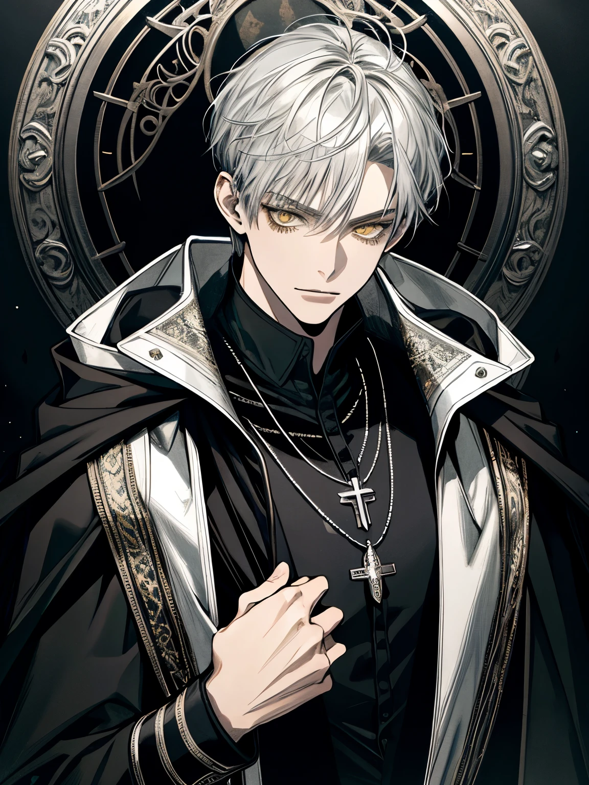 (masterpiece, best quality), solo, 1 male, adult, mature, tall muscular guy, Dark theme, finely detailed eyes and detailed face, intricate details, Fantasy, short hair, silver hair, yellow eyes, black cloak with mantle and hood, silver cross necklace, black shirt, medieval, dark background, ruins