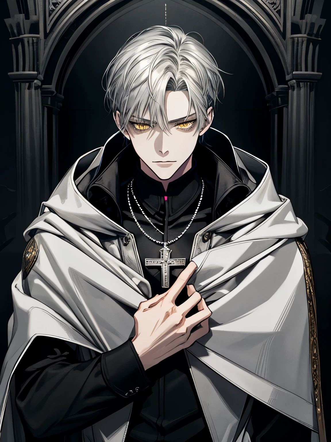 (masterpiece, best quality), solo, 1 male, adult, mature, tall muscular guy, Dark theme, finely detailed eyes and detailed face, intricate details, Fantasy, short hair, silver hair, yellow eyes, black cloak with mantle and hood, silver cross necklace, black shirt, medieval, dark background, ruins