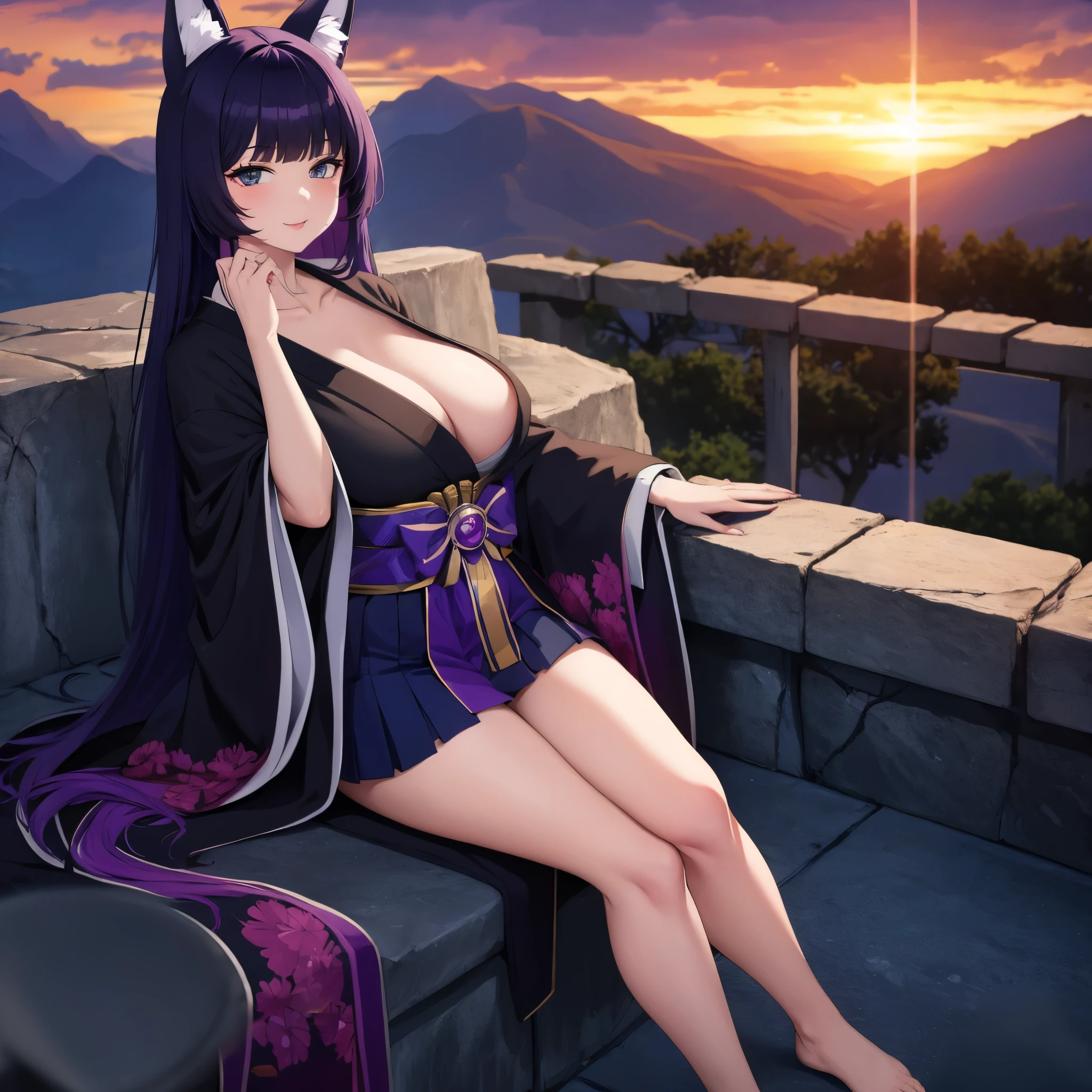 A woman, with dark purple hair, kitsune ears, wearing a detailed dark purple short skirt kimono, on a mountain in a sky full of purple rays.