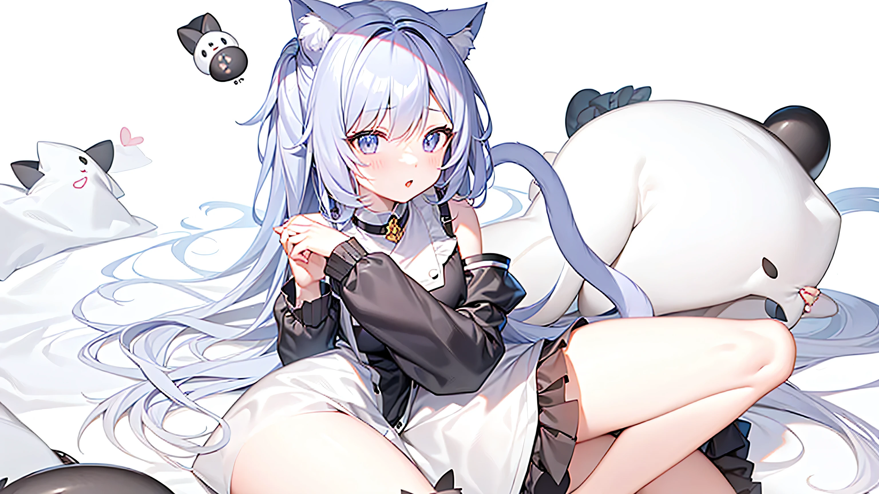 cat ears anime girl and black and white pandas, cute anime catgirl, anime catgirl, beautiful anime catgirl, very beautiful anime cat girl, Very beautiful and cute Catwoman, night nucleus, anime cat, cat ears anime girl, Internal medicine rice, Highest rated on pixiv, white cat girl, charming cat girl, Soft anime illustration, cute anime girl，wearing a skirt，Lying in bed