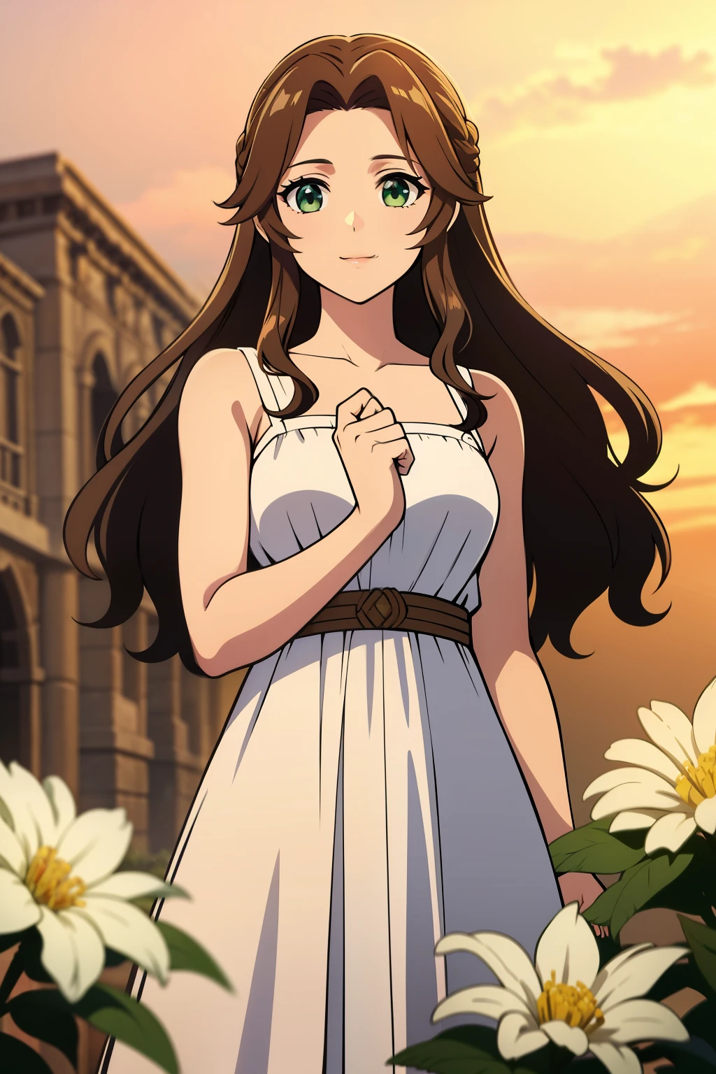 (high-quality, breathtaking),(expressive eyes, perfect face) 1girl, female, solo, young adult, brown hair, green eyes color, stylised hair, gentle smile, long length hair, loose hair, side bangs, wavy curley hair ancient greek clothes, elegant , Aerith Gainsborough, long white dress, red sash, background field, flowers in background, looking towards viewer, jewellery
