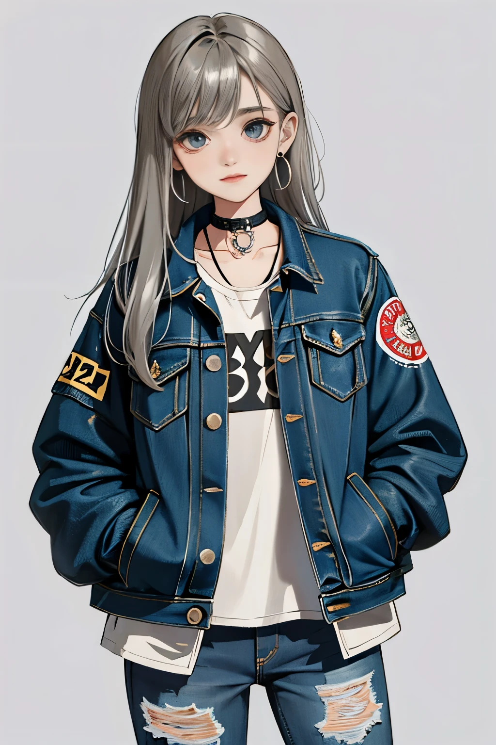 (masterpiece:1.2, highest quality), (1 female, alone, Upper body:1.2), hair: Circular cut, clothing: extra large, Distressed denim jacket with patches and pins, Paired with black skinny jeans and combat boots, accessories: silver hoop earrings and black choker necklace, blue background