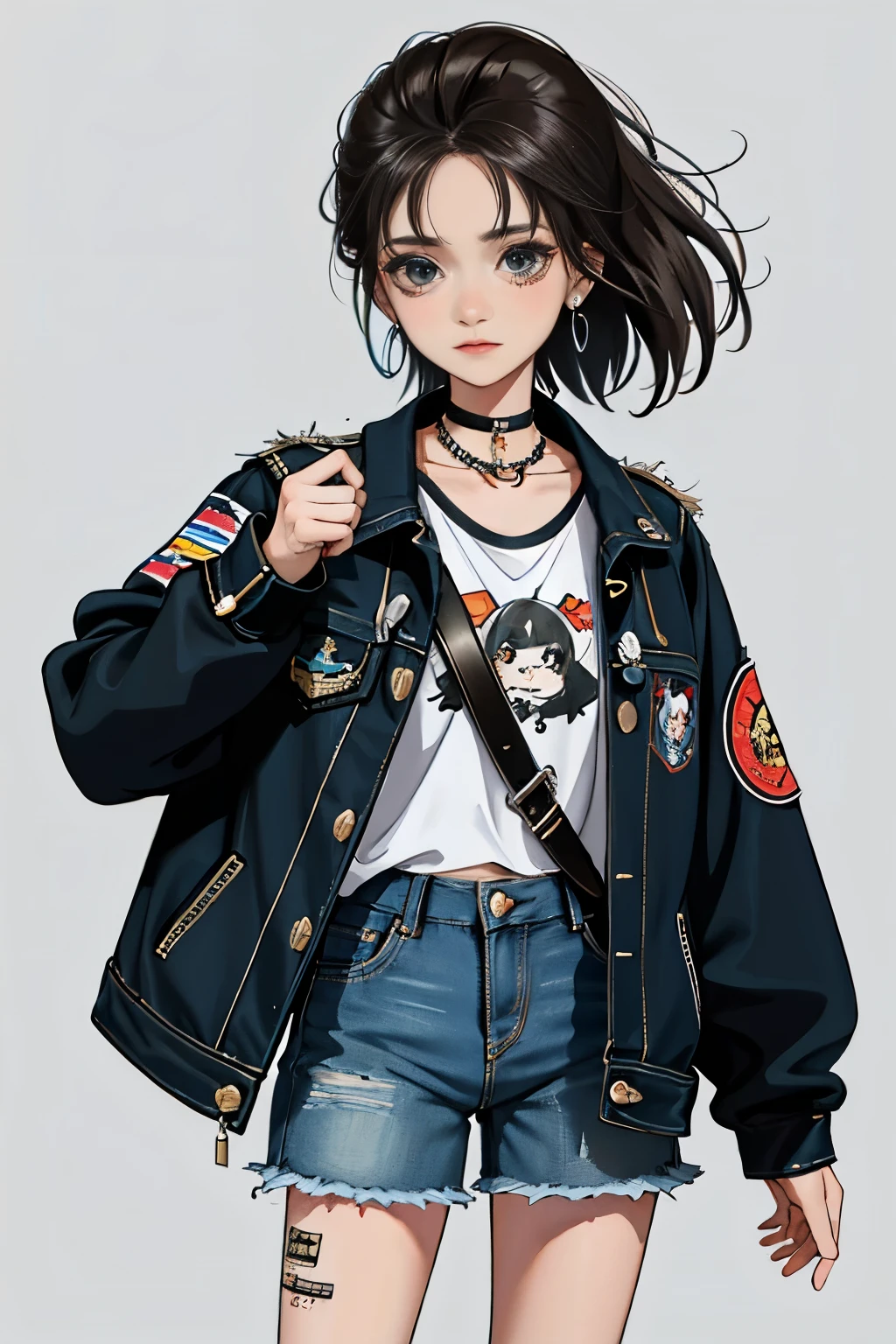 (masterpiece:1.2, highest quality), (1 female, alone, Upper body:1.2), hair: Circular cut, clothing: extra large, Distressed denim jacket with patches and pins, Paired with black skinny jeans and combat boots, accessories: silver hoop earrings and black choker necklace, blue background