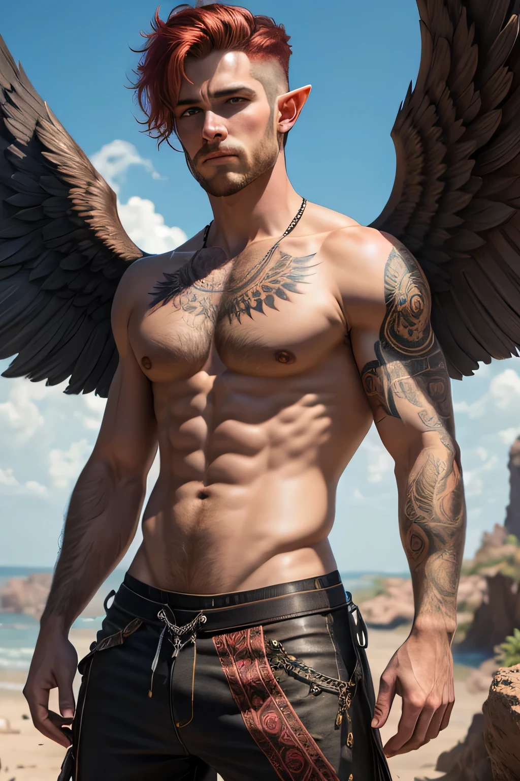 (masterpiece), (best quality), (ultra detailed),(disheveled hair),(illustration), adult man, elf, adult, sexy withouth being flashy, heterochromia, short hair, tribal tattoo on shoulder, full body, no shirt, with pants, short beard, red hair, angel wings, hung, elf, sexy face