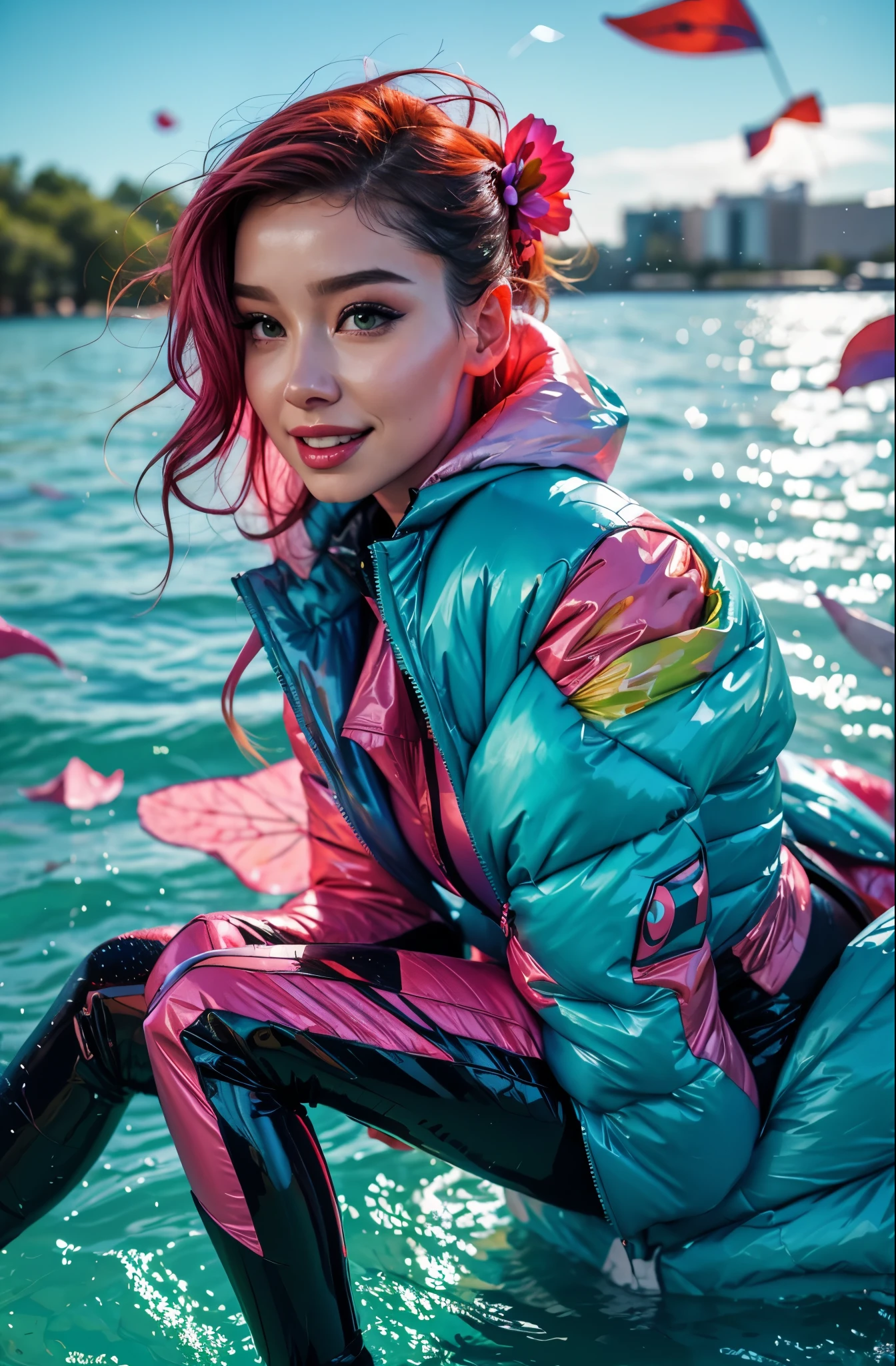 cyberpunk female woman wearing (chromatic accents:1.1), sleek White transparent bodysuit, side view turning to face camera, (Petal Blush, Lagoon Blue color background:1.3), amazing smile, looking at camera, 1980’s style poster