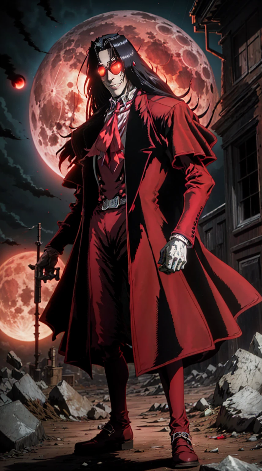 Hellsing, personagem Alucard, (man) Standing character,  sobretudo vermelho, red glass, paisagem de noite, red moon on the background, black hair