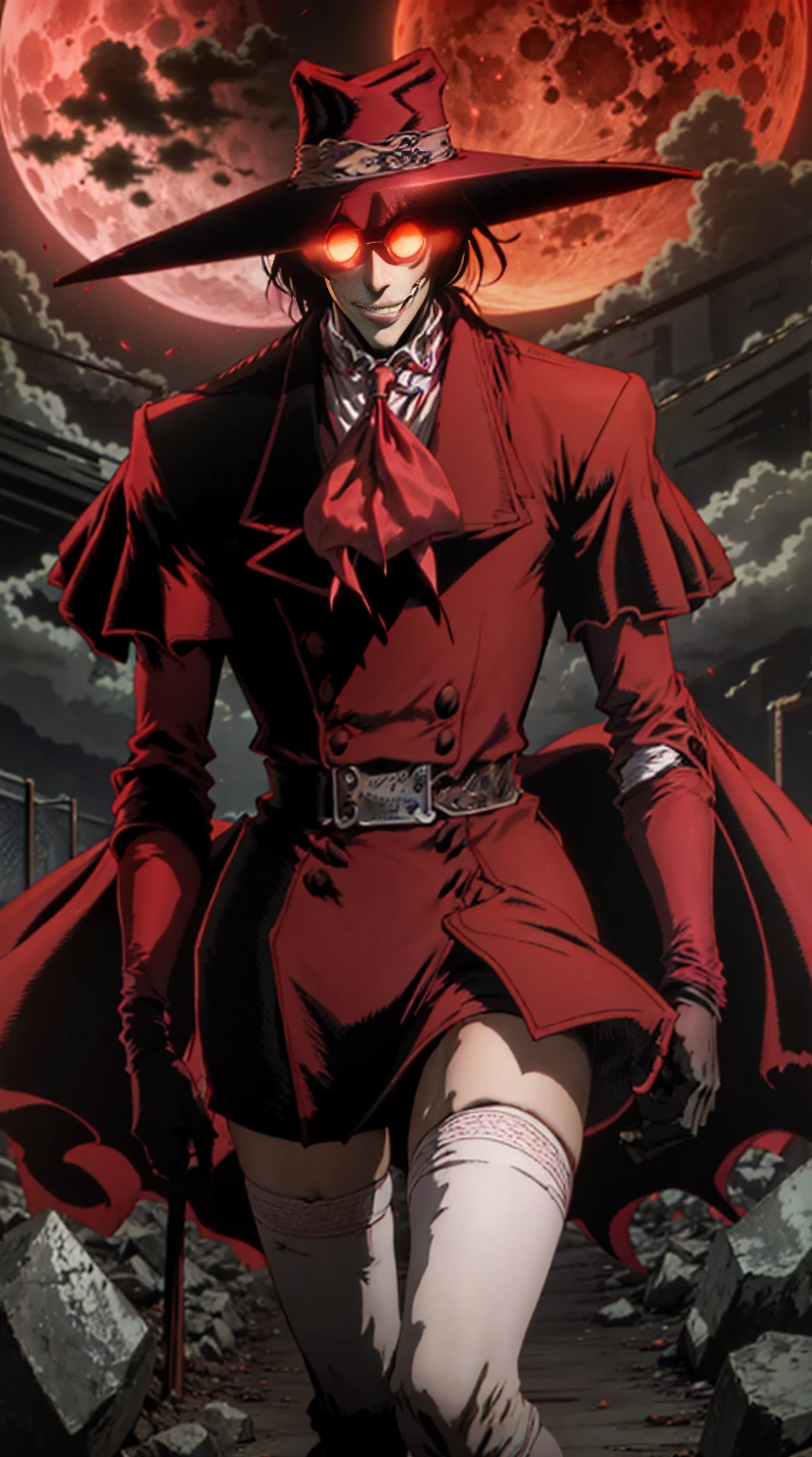 Hellsing, personagem Alucard, (man) Standing character,  sobretudo vermelho, red glass, paisagem de noite, red moon on the background, black hair