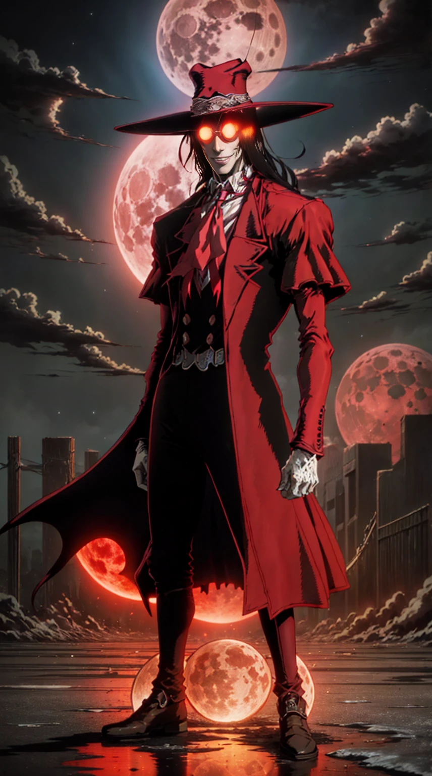 Hellsing, personagem Alucard, (man) Standing character, sobretudo vermelho, red glass, paisagem de noite, red moon on the background, black hair, dinamic poses