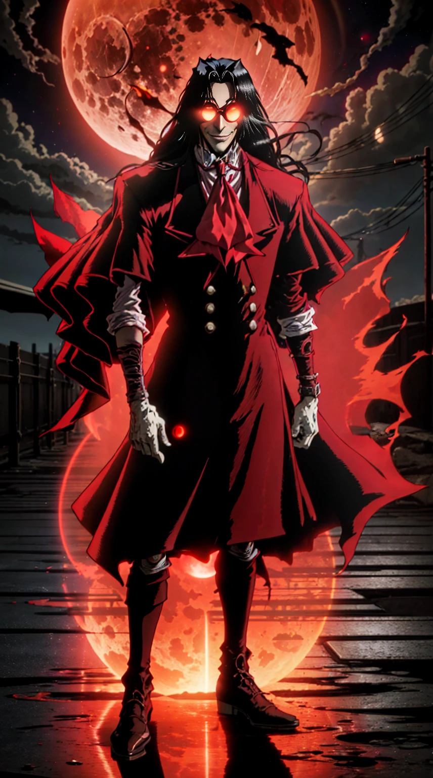 Hellsing, personagem Alucard, (man) Standing character,  sobretudo vermelho, red glass, paisagem de noite, red moon on the background, black hair, dinamic poses