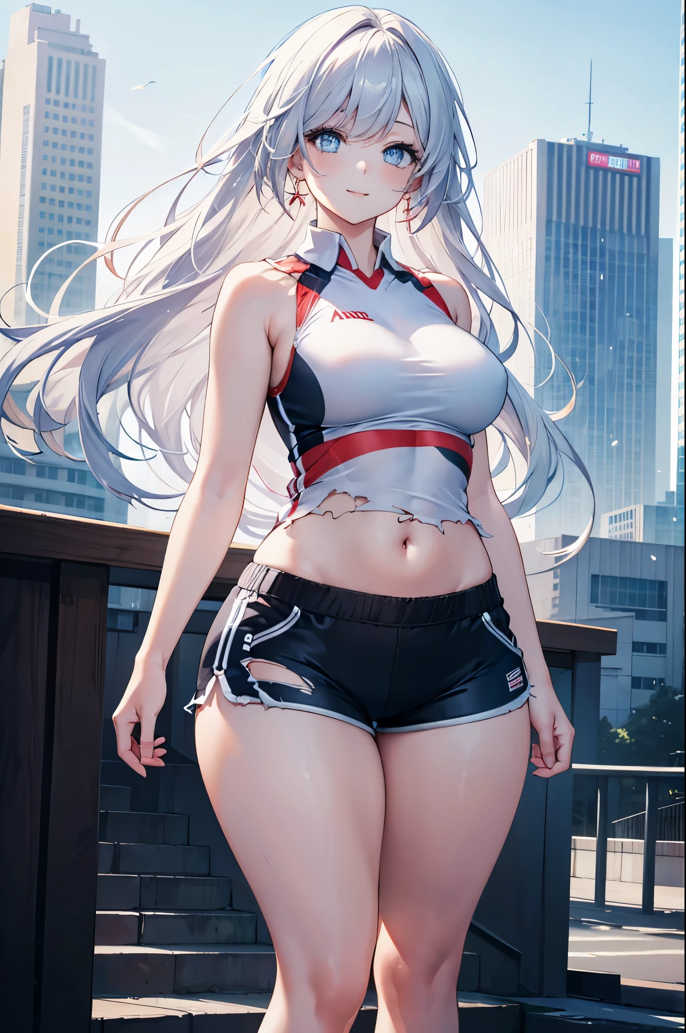 Realistic image, Detailed image, 1 girl. Long silky hair, silver hair, blue eyes, long eyelashes. Short sleeveless sports shirt, showing the navel, torn shorts, sports shoes. Curvy body, medium breasts, thin waist, thick thighs. smiling. Urban background, surrounded by buildings. Volumetric light. Ambient light.