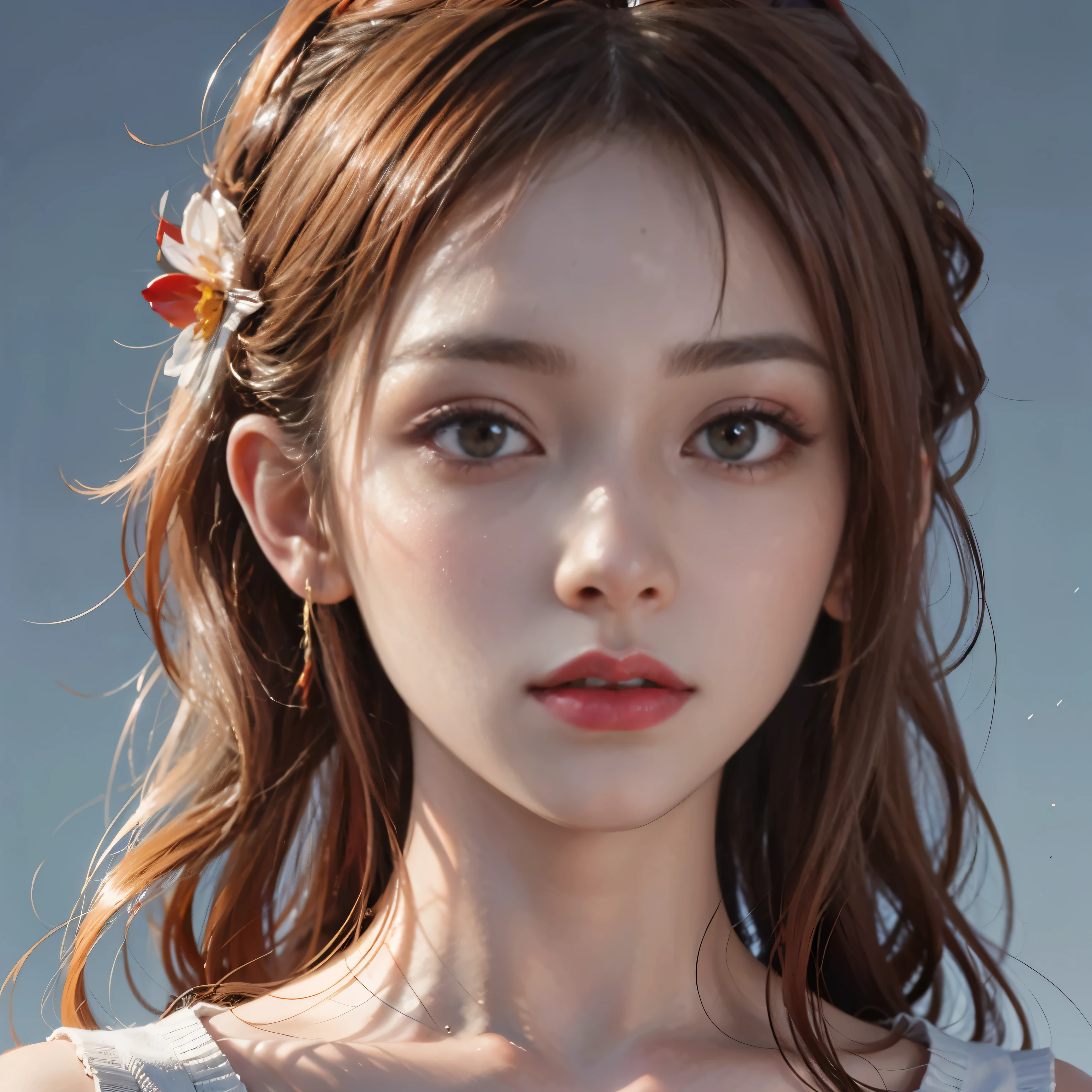Reddish-brown hair,Long curly hair,ponytail,high ponytail hairstyle,red headdress,red eyes,red eyes,red pupils,Sparkling eyes