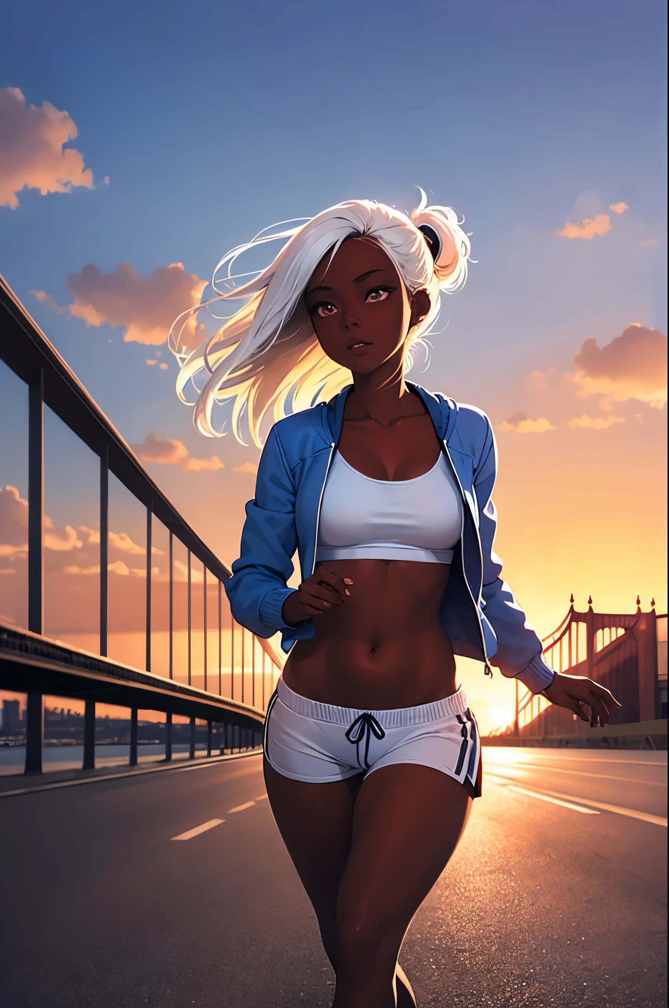 1 girl, dark skin, white hair, white clothes, tight running shorts, tight tank top, loose jacket, sunset city, bridge background