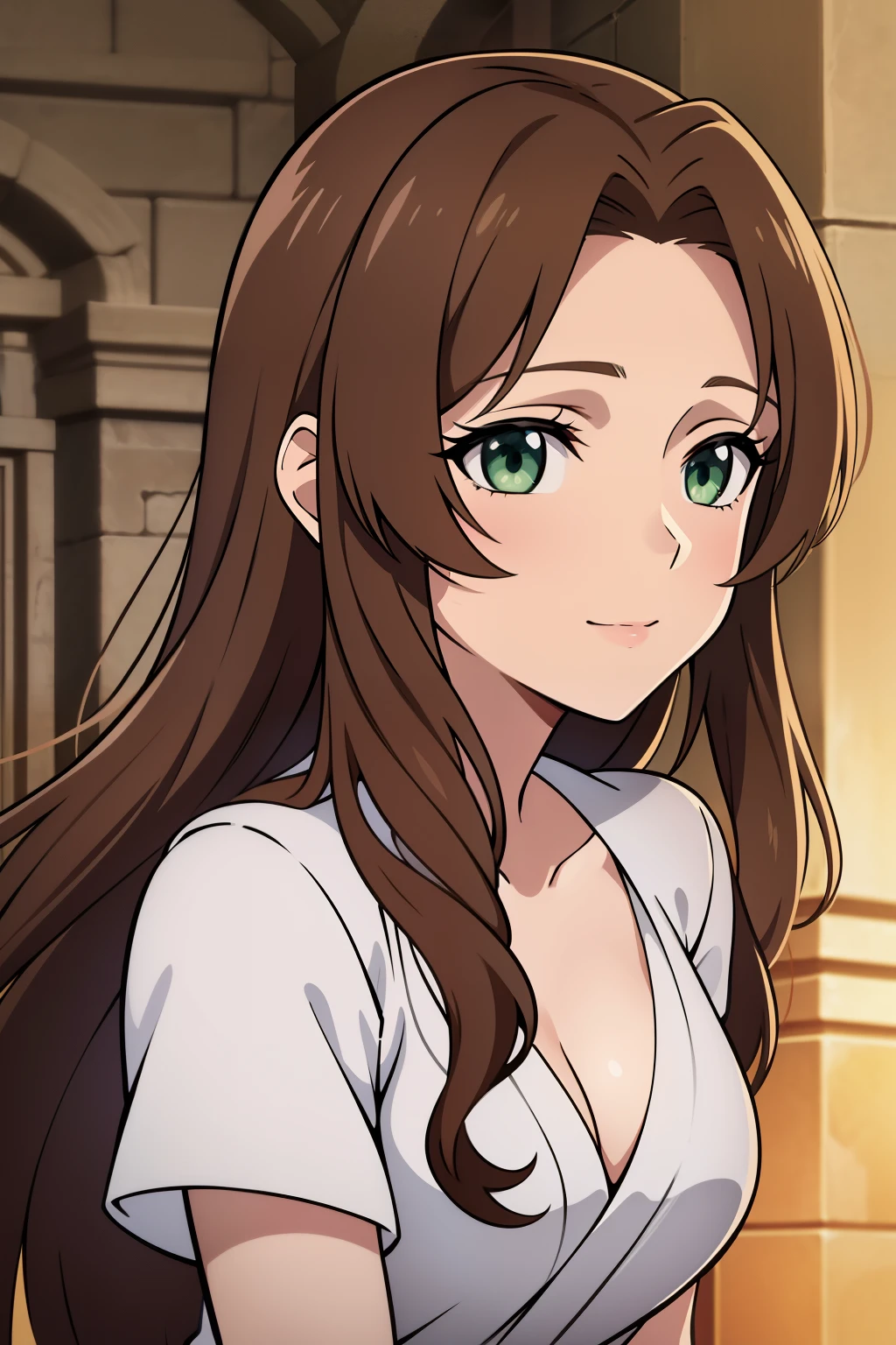 (high-quality, breathtaking),(expressive eyes, perfect face) 1girl, female, solo, young adult, brown hair, green eyes color, stylised hair, gentle smile, long length hair, loose hair, side bangs, wavy curley hair ancient greek clothes, elegant , Aerith Gainsborough, long white dress, red sash, background field, flowers in background, looking towards viewer, jewellery
