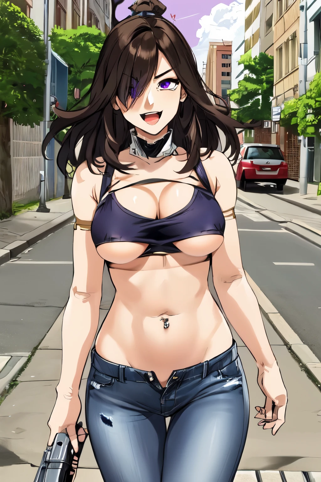  1girl, mature, black hair, purple eyes, brown hair  1girl, solo, smug , masterpiece,high quality,4k, bare shoulder,belly,crop top,outdoor,cleavage,jeans,casual dress,street,road,smile, open mouth, (nsfw) not safe for work, holding a gun,handgun, evil expression, exposed belly, exposed navel, exposed midriff, exposed lower belly, crop top overhang, underboob, unbuttoned jeans , low rise black jeans, Low rise jeans, Low rise jeans with open fly, navel piercing