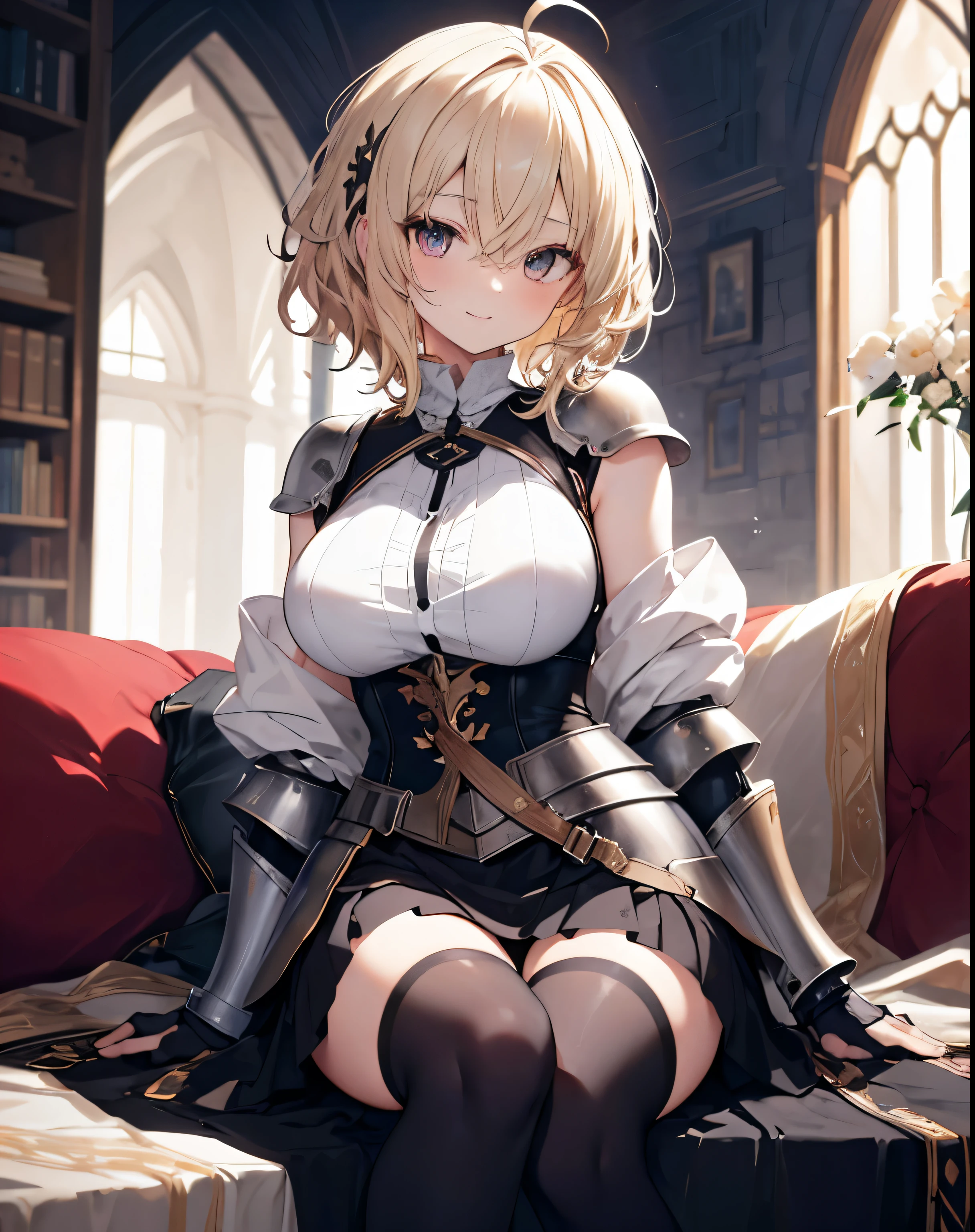 masterpiece,1girl, sparrow, a light blonde haired girl, wearing a knight armor, curly short hair, messy hair, black skirt, slim body, wearing armor knight, medium breasts, she close her left eye, shirt ornament, ppai, seductive expression, beautiful breasts, rounded breasts, crimson eyes, dress, miniskirt, sit in medieval living room, ahoge, seductive smile, there is forest behind the girl