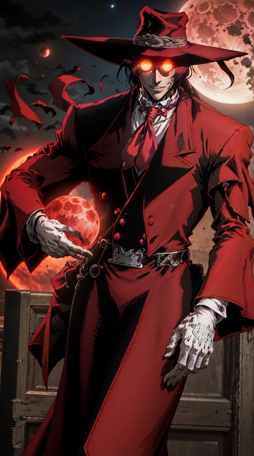 Hellsing, personagem Alucard, (man) Standing character,  sobretudo vermelho, red glass, paisagem de noite, red moon on the background, black hair, dinamic poses