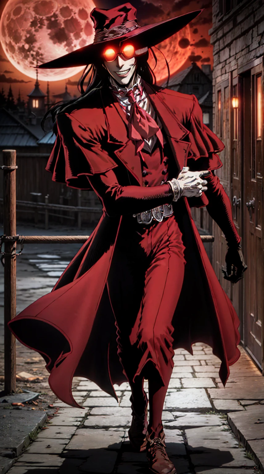 Hellsing, personagem Alucard, (man) Standing character, sobretudo vermelho, red glass, paisagem de noite, red moon on the background, black hair, dinamic poses