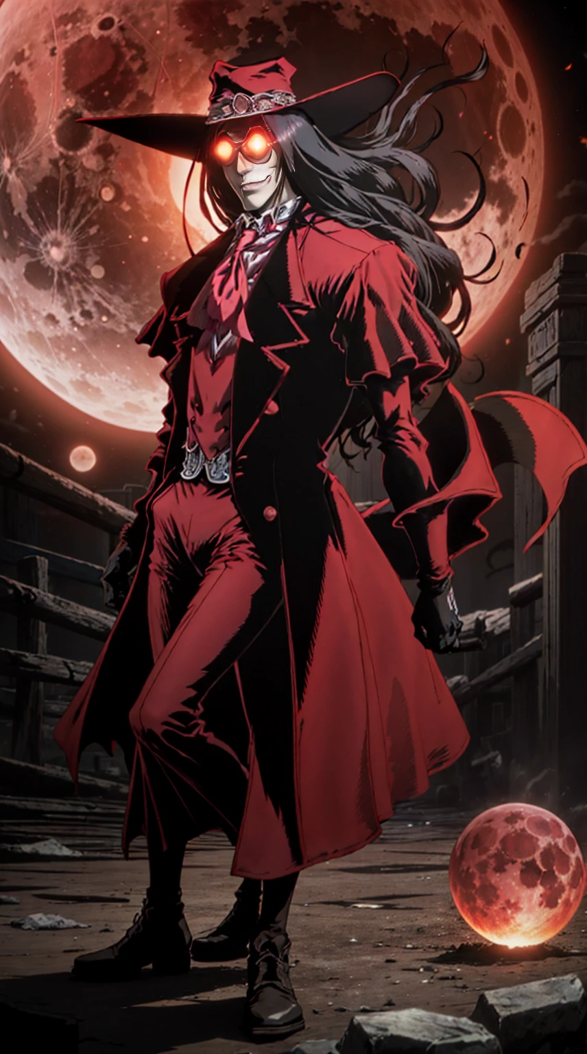 Hellsing, personagem Alucard, (man) Standing character,  sobretudo vermelho, red glass, paisagem de noite, red moon on the background, black hair