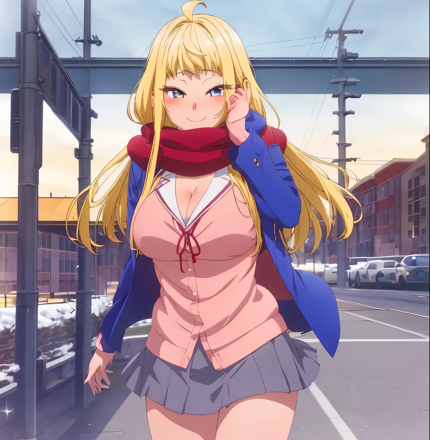 1girl,alone,Minami fuyuki, ahoge, solo, blonde hair, looking at viewer,smirk,
pink cardigan, cleavage, blue jacket, open jacket, red scarf, pleated skirt, grey skirt, city background, street, garden, hand in hip, sky, dynamic pose, dynamic angle,
(highres:1.2),(ultra-detailed:1.2),[high dynamic range lighting],(masterpiece:1.3), (best quality),highly quality, intricate details,(extremely detailed CG unity 8k wallpaper:1.2),best shadow,(extremely detailed fine touch:1.2), (high resolution), (8K), (extremely detailed), (4k), (pixiv), perfect face, nice eyes and face, (super detailed), detailed face and eyes, textured skin, absurdres, highres,deep skin,skindentation, Excellent hands, excellent anatomy 