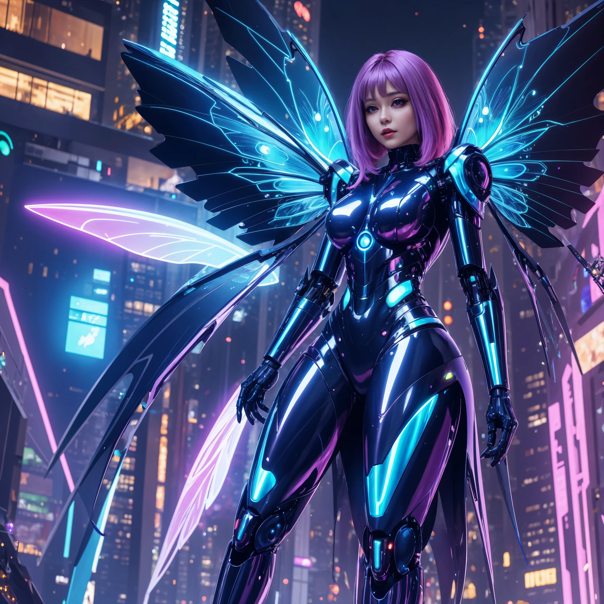 a beautiful cyber fairy, medium hair, beautiful body, shiny wings, wearing a futuristic cyber dress in a futuristic city