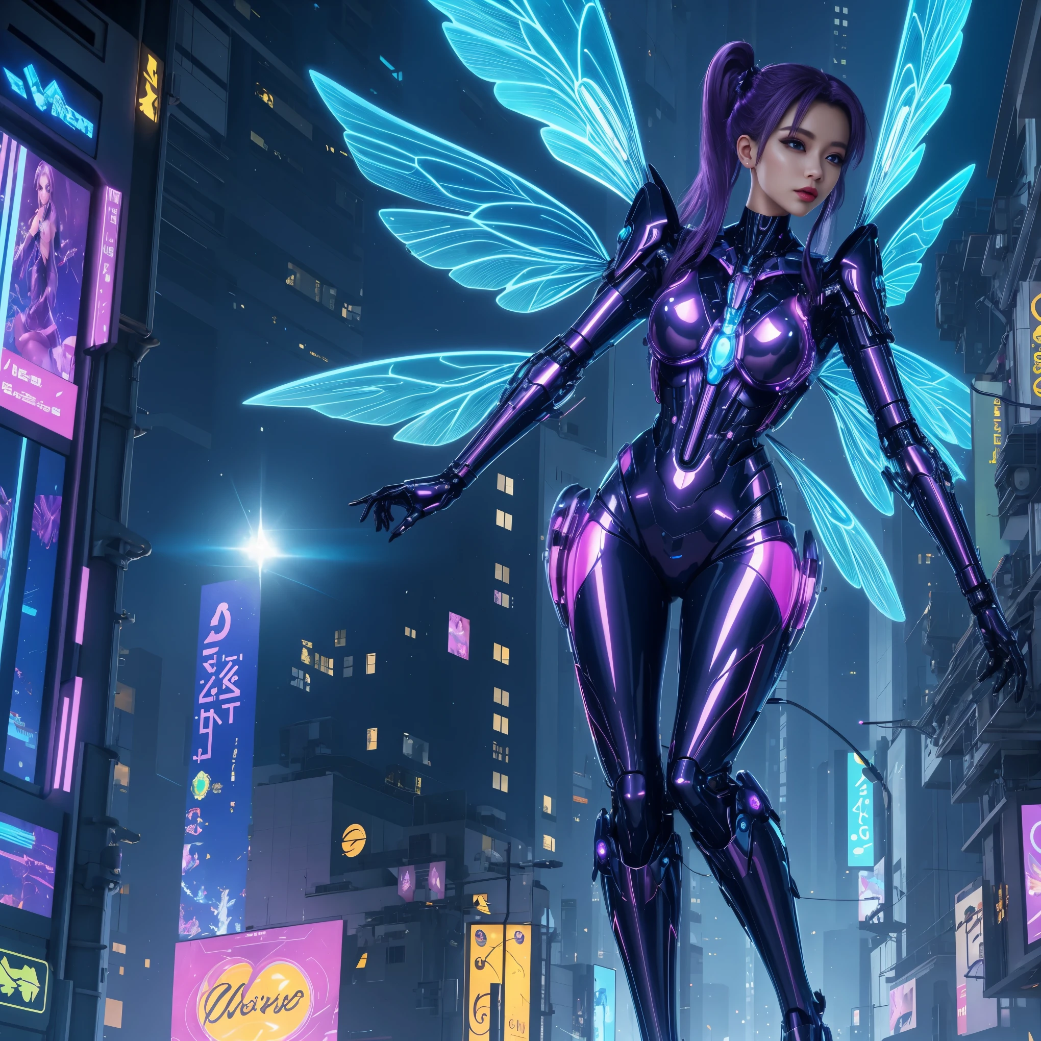 a beautiful cyber fairy, medium hair, beautiful body, shiny wings, wearing a futuristic cyber dress in a futuristic city