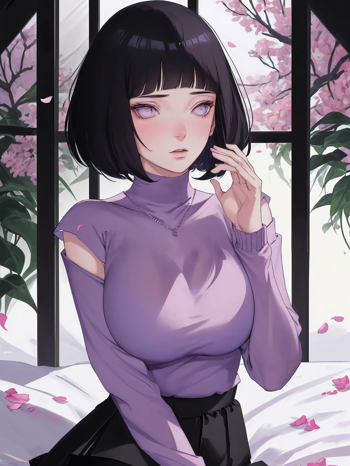 { - anatomy error} (Masterpiece - Ultra-detailed, very high resolution) (huge titusty, masterpiece, absurdres, hinata\(boruto\), 1girl, solo,mature female, lilac turtleneck blouse, black pant, looking at viewelling petals), perfect composition, detailed lips, big breast, beautiful face, body propotion, blush, (pink lips), short hair, (black hair), purple eyes, soft gaze, super realistic, detailed, photoshoot, realistic face and body, closed mouth , lilac eyes, upper body, hidden hands, perfect fingers, inocent face, dynamic poses
