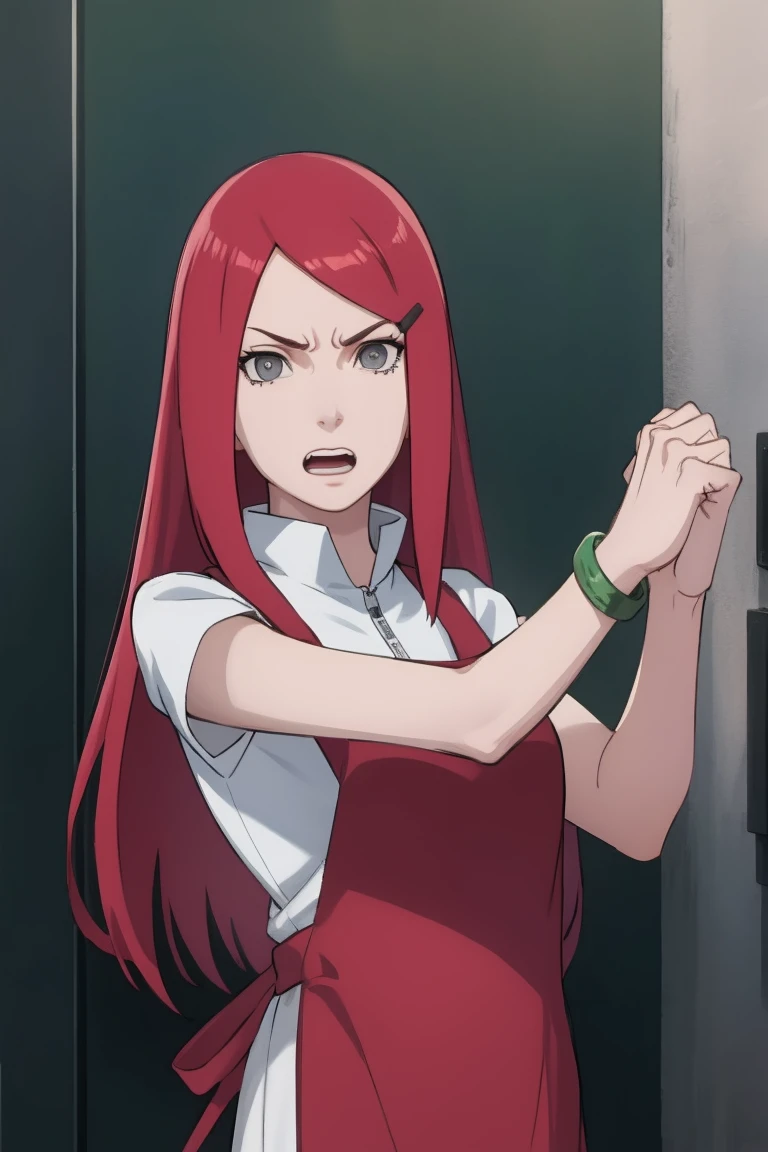 {-erro_de_anatomia:1.0} kushina, kushina, long hair, hair ornament, red hair, red head, hairclip, (grey eyes:1.5), BREAK shirt, dress, jewelry, white shirt, short sleeves, apron, bracelet, green apron, collar, BREAK looking at viewer, upper body, full body, cowboy shot, BREAK indoors, BREAK (masterpiece:1.2), best quality, high resolution, unity 8k wallpaper, (illustration:0.8), (beautiful detailed eyes:1.6), extremely detailed face, perfect lighting, extremely detailed CG, (perfect hands, perfect anatomy), angry face, fighting pose, clenched hands, closed hands, contracted fingers, arm stretched out, raised fist, about to punch, detailed fist,  focus fist,
