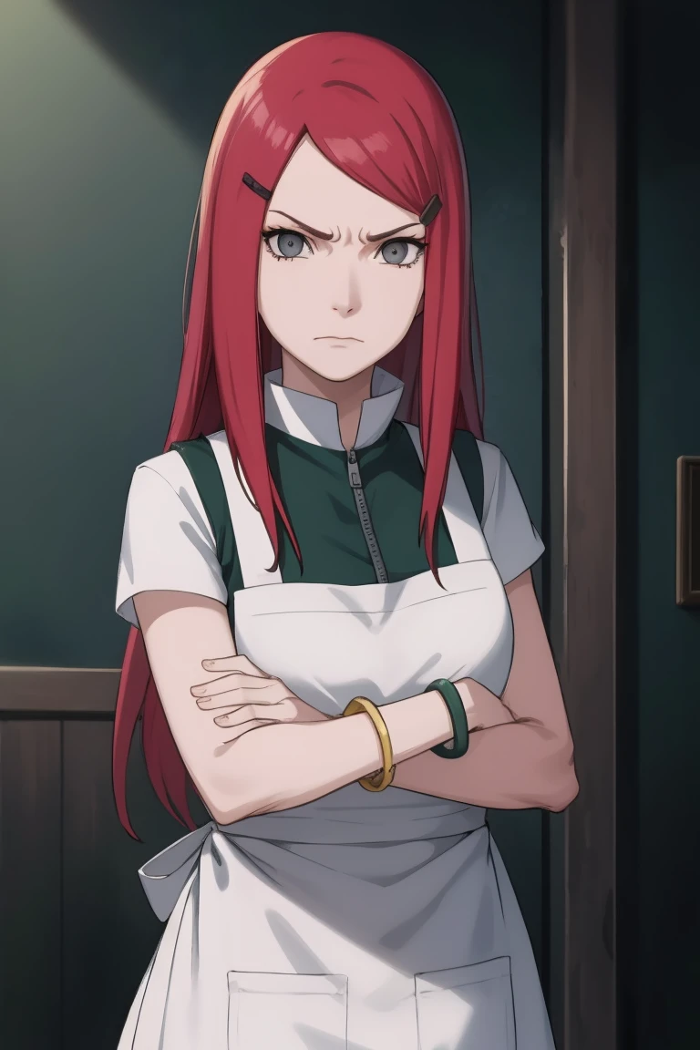 {-erro_de_anatomia:1.0} kushina, kushina, long hair, hair ornament, red hair, red head, hairclip, (grey eyes:1.5), BREAK shirt, dress, jewelry, white shirt, short sleeves, apron, bracelet, green apron, collar, BREAK looking at viewer, upper body, full body, cowboy shot, BREAK indoors, BREAK (masterpiece:1.2), best quality, high resolution, unity 8k wallpaper, (illustration:0.8), (beautiful detailed eyes:1.6), extremely detailed face, perfect lighting, extremely detailed CG, (perfect hands, perfect anatomy), angry face, fighting pose, clenched hands, closed hands, contracted fingers, arm stretched out, raised fist, about to punch, detailed fist,  focus fist,
