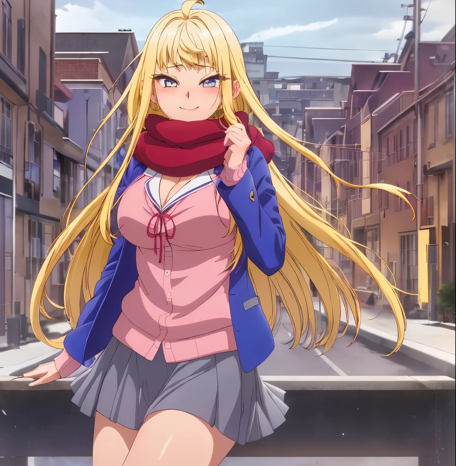 1girl,alone,Minami fuyuki, ahoge, solo, blonde hair, looking at viewer,smirk,
pink cardigan, cleavage, blue jacket, open jacket, red scarf, pleated skirt, grey skirt, city background, street, garden, hand in hip, sky, dynamic pose, dynamic angle,
(highres:1.2),(ultra-detailed:1.2),[high dynamic range lighting],(masterpiece:1.3), (best quality),highly quality, intricate details,(extremely detailed CG unity 8k wallpaper:1.2),best shadow,(extremely detailed fine touch:1.2), (high resolution), (8K), (extremely detailed), (4k), (pixiv), perfect face, nice eyes and face, (super detailed), detailed face and eyes, textured skin, absurdres, highres,deep skin,skindentation, Excellent hands, excellent anatomy 