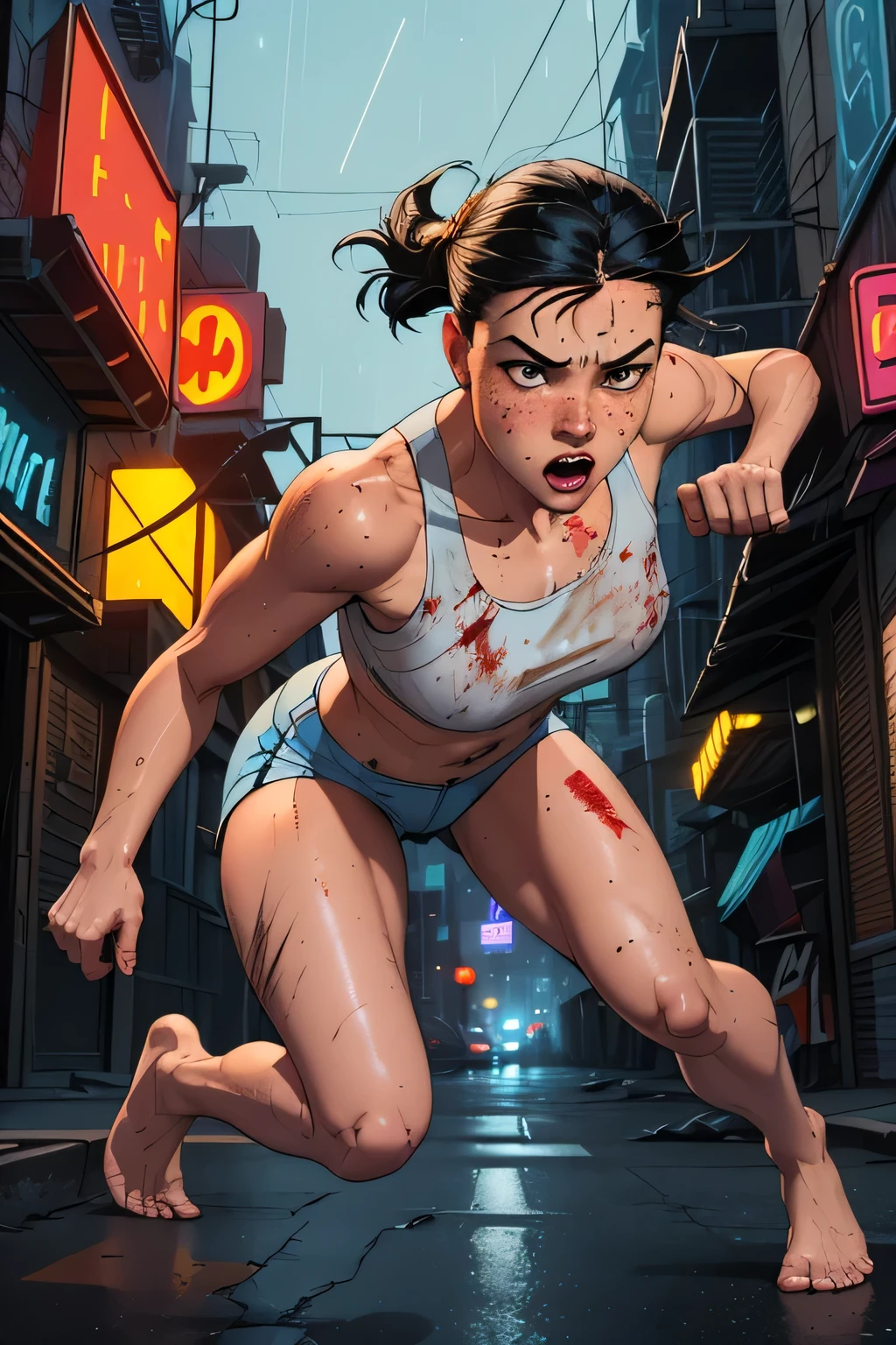 Close up image of 1 subjects, view from behind, 1girl with black hair, looks like Jenna Ortega, pale skin, freckles, wearing blue sports bra, yoga shorts, sweaty,, small breasts, bruised, blood, bare feet, scratches all over body, (head and shoulders portrait) (woman looks scared), frightened, down a dirty city alley, futuristic city at (night:1.4), blue and yellow neon signs, chase scene, action scene, thick outlines, comic book style, dynamic camera angle, realistic skin, realistic hands, perfect hands, action lines, motion blur background