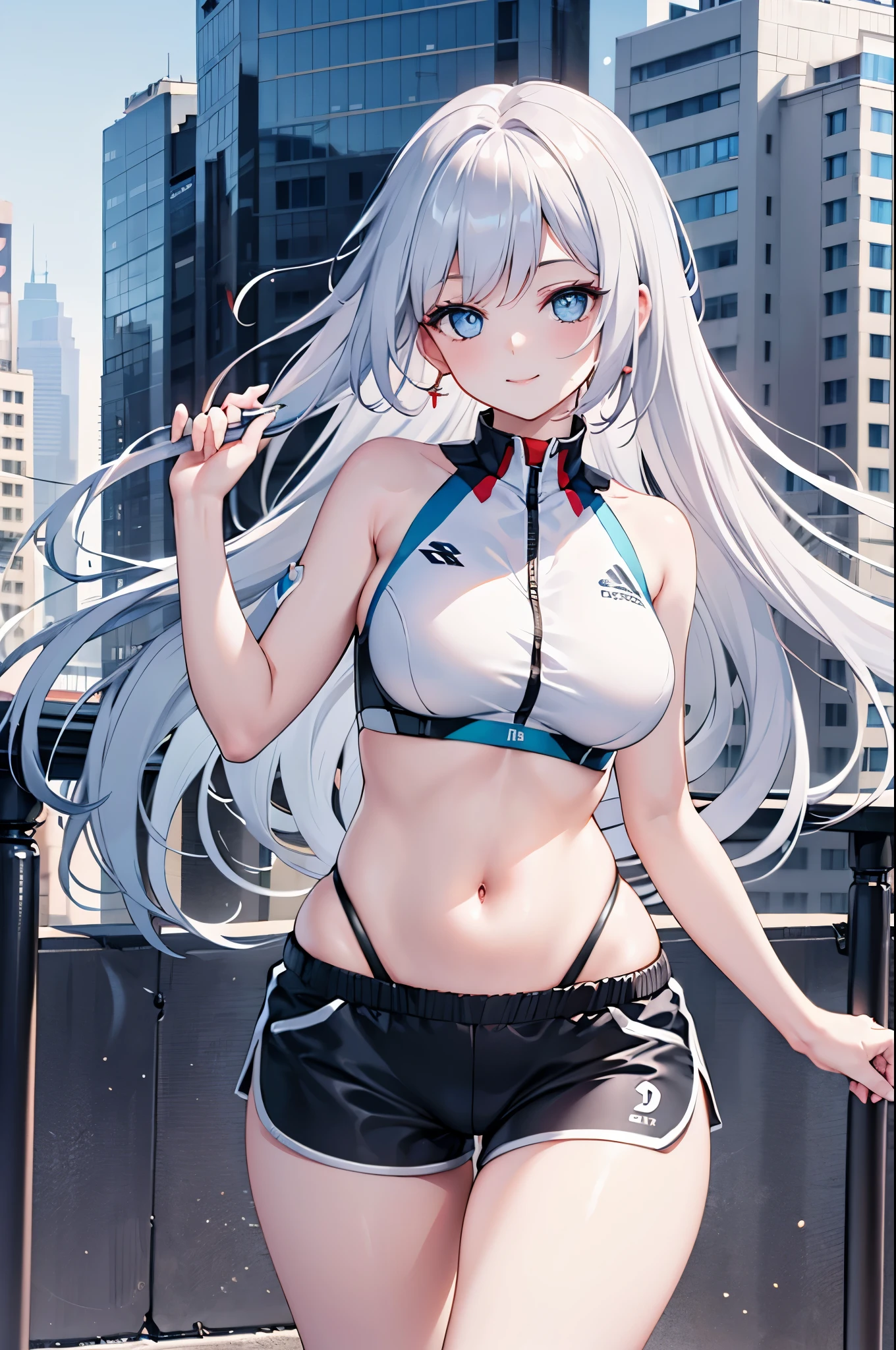 Realistic image, Detailed image, 1 girl. Long silky hair, silver hair, blue eyes, long eyelashes. Short sleeveless sports shirt, showing the navel, torn shorts, sports shoes. Curvy body, medium breasts, thin waist, thick thighs. smiling. Urban background, surrounded by buildings. Volumetric light. Ambient light.