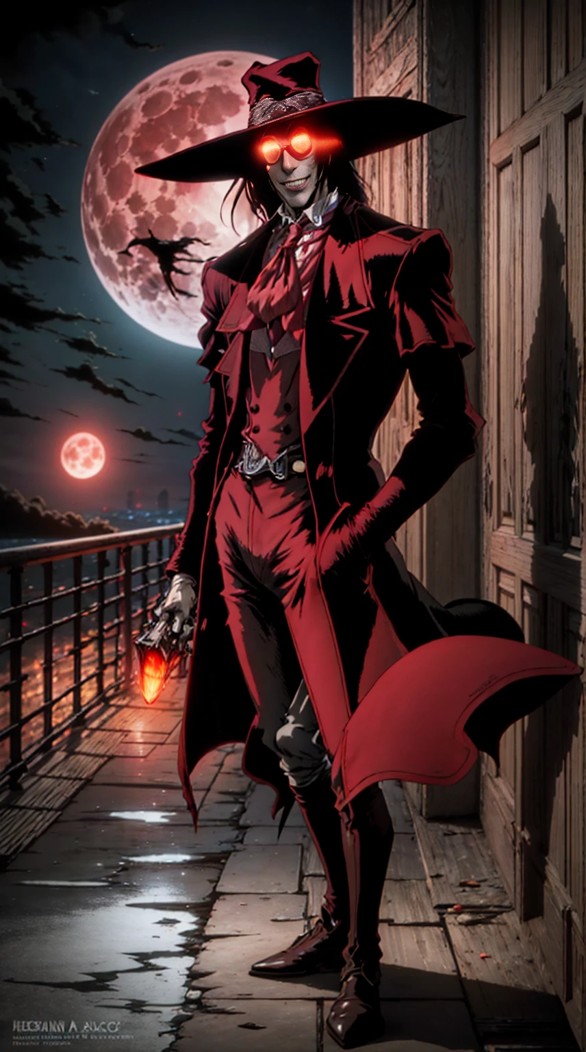 Hellsing, personagem Alucard, (man) Standing character,  sobretudo vermelho, red glass, paisagem de noite, red moon on the background, black hair